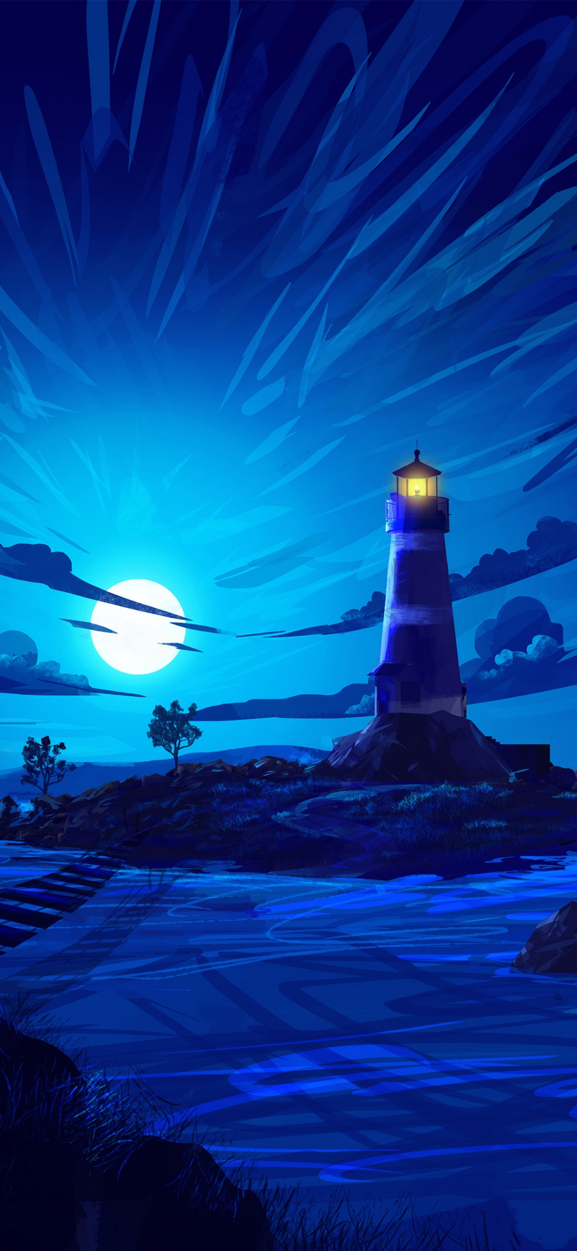 Art, Painting, Lighthouse, Atmosphere, Blue. Wallpaper in 1125x2436 Resolution