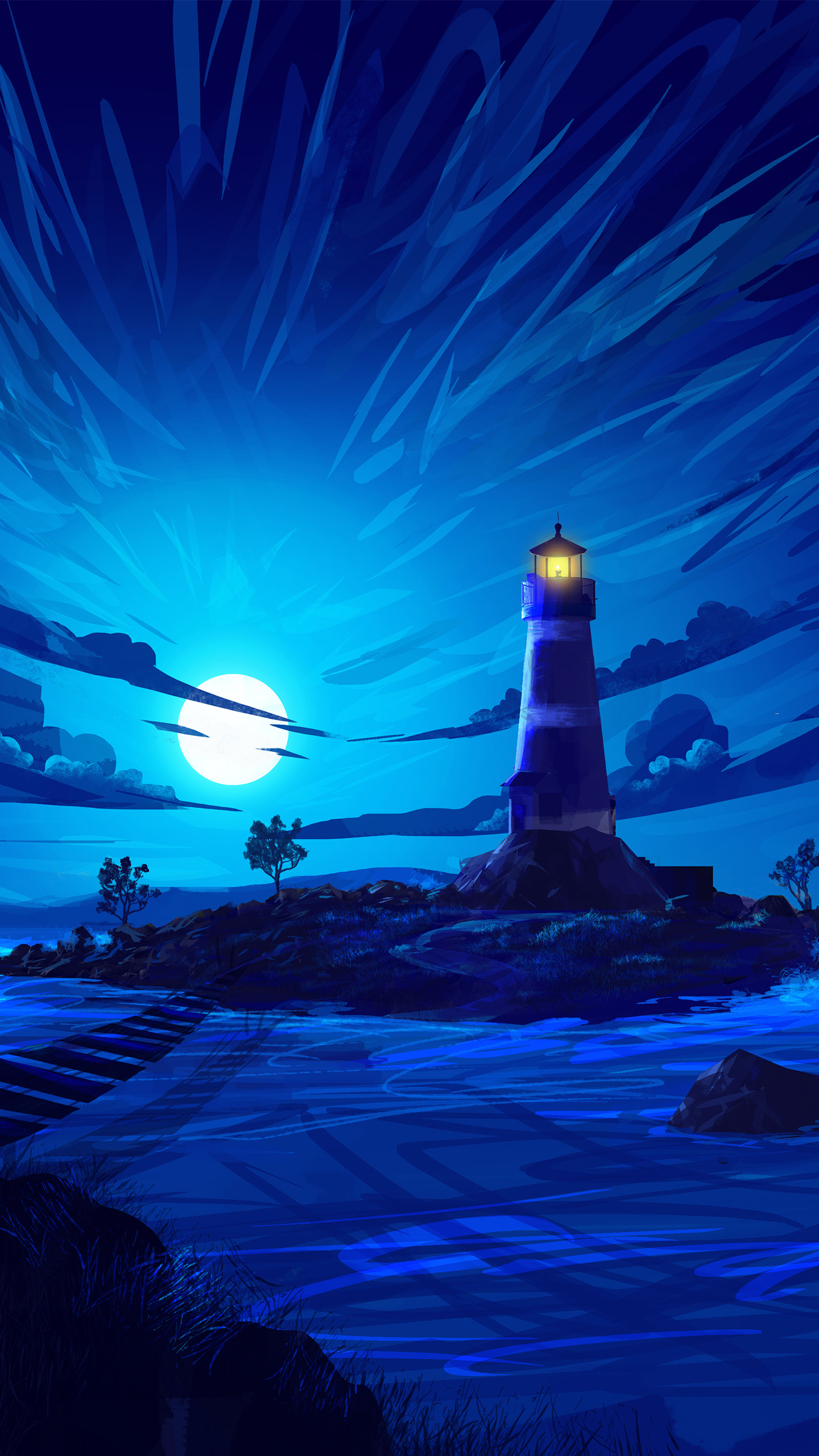 Art, Painting, Lighthouse, Atmosphere, Blue. Wallpaper in 1440x2560 Resolution
