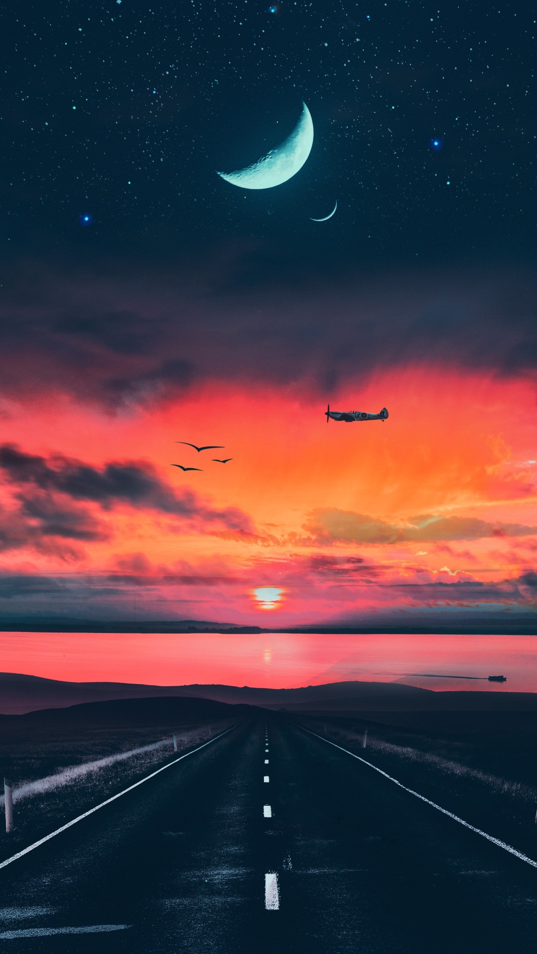 Puesta, Luna, Hermosa, Ambiente, Afterglow. Wallpaper in 1080x1920 Resolution