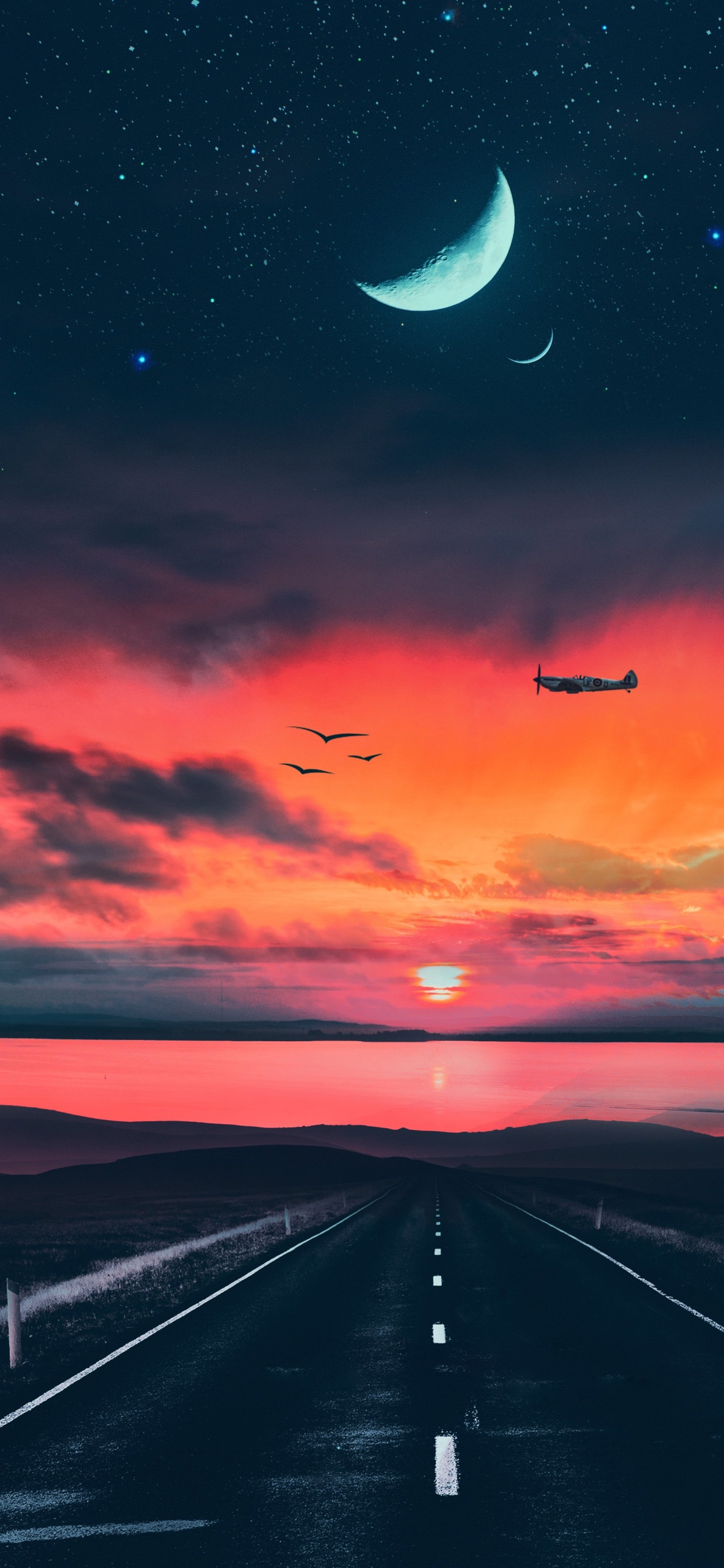 Sonnenuntergang, Mond, Schön, Mondlicht, Cloud. Wallpaper in 1242x2688 Resolution