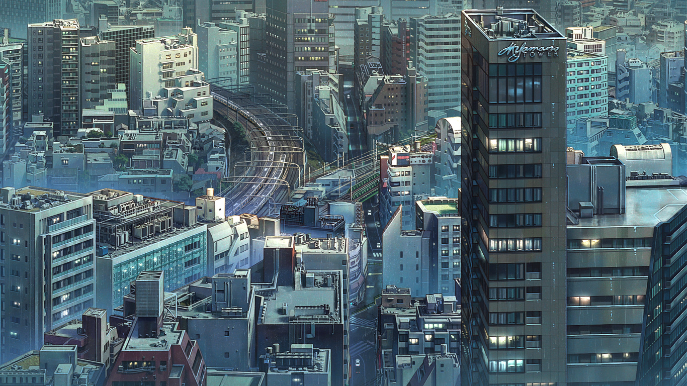 Weathering With You Scenery, Anime, Building, Skyscraper, Infrastructure. Wallpaper in 1366x768 Resolution
