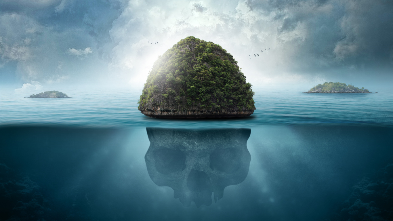 Brown Rock Formation on Body of Water Under White Clouds and Blue Sky During Daytime. Wallpaper in 1366x768 Resolution