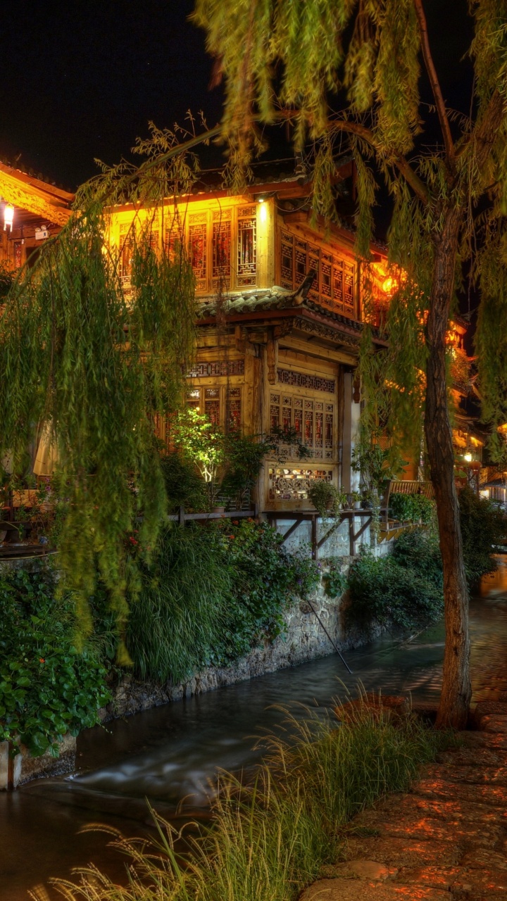 Grüne Bäume in Der Nähe Von Braunem Gebäude Während Der Nachtzeit. Wallpaper in 720x1280 Resolution