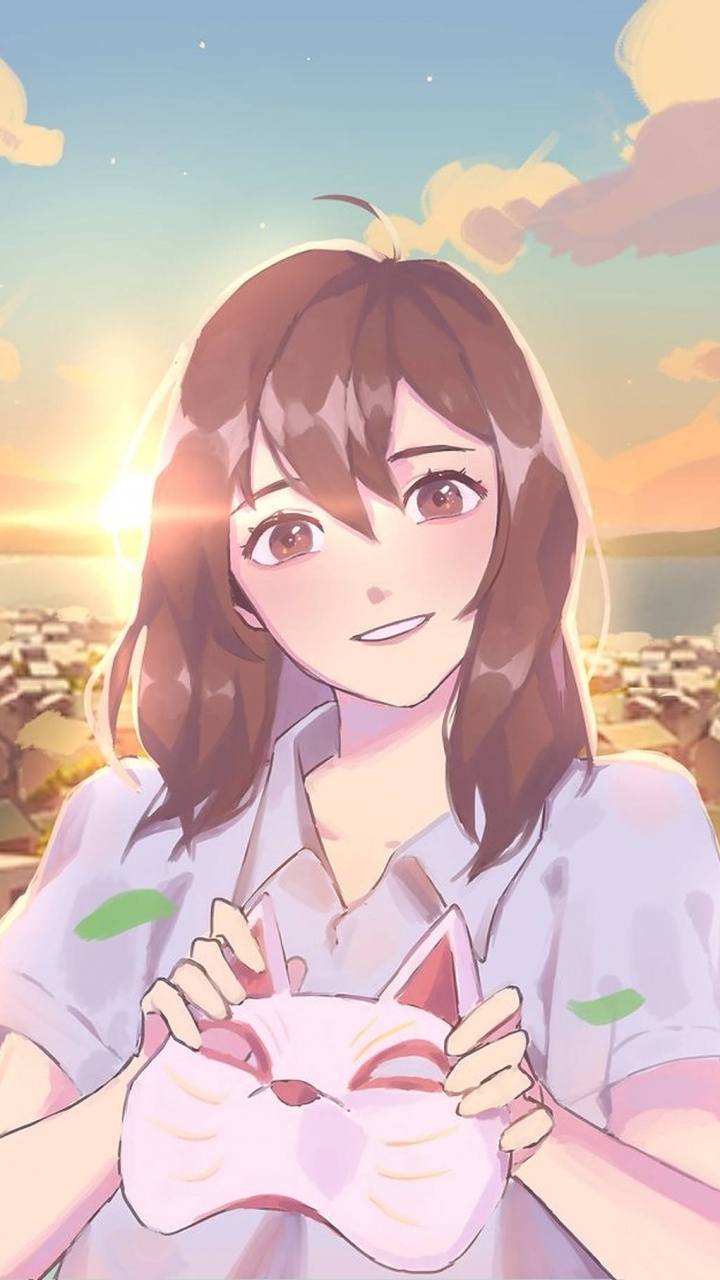 Mädchen, Zeichentrickfilm, Cartoon, Illustration, Katze. Wallpaper in 720x1280 Resolution