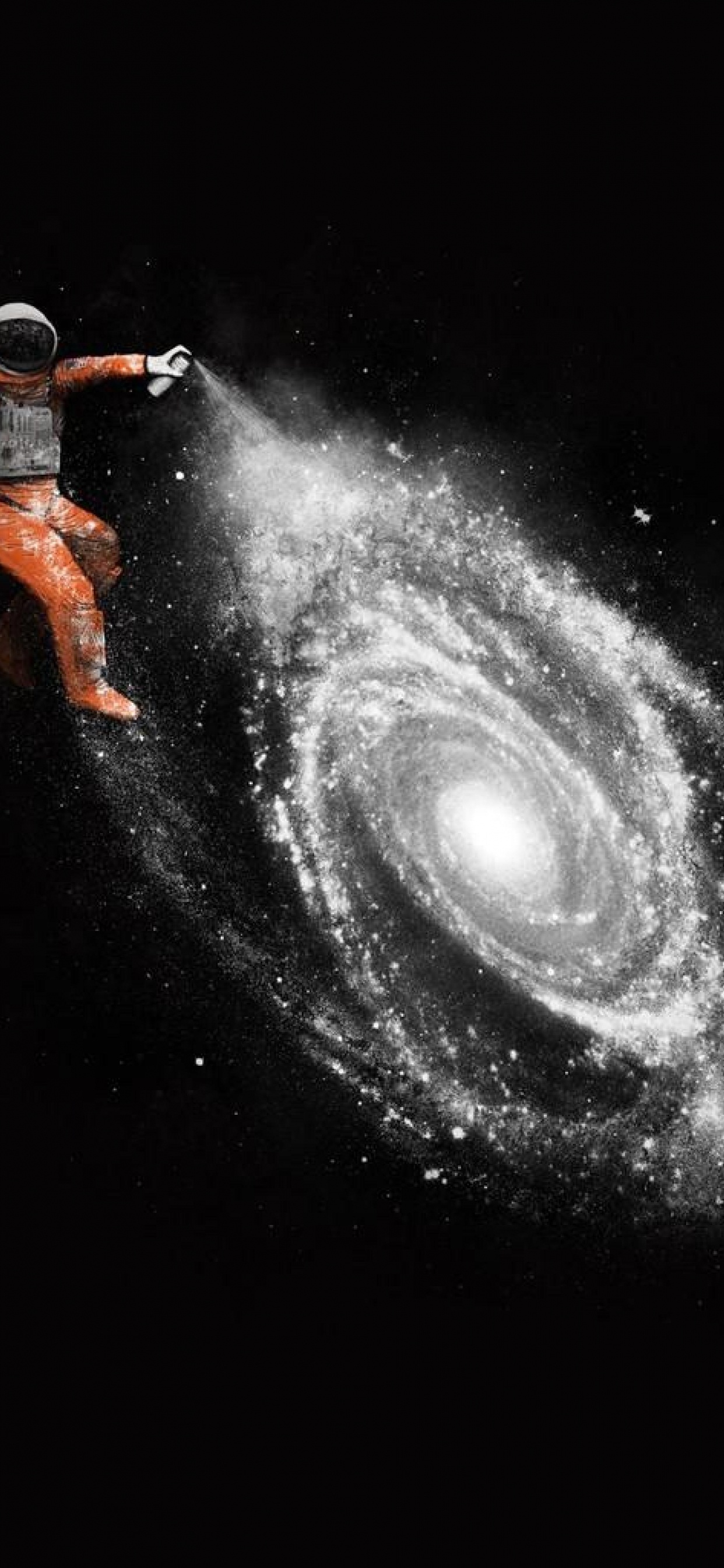 Man in Orange Jacket and Black Pants Standing on Black and White Galaxy. Wallpaper in 1242x2688 Resolution