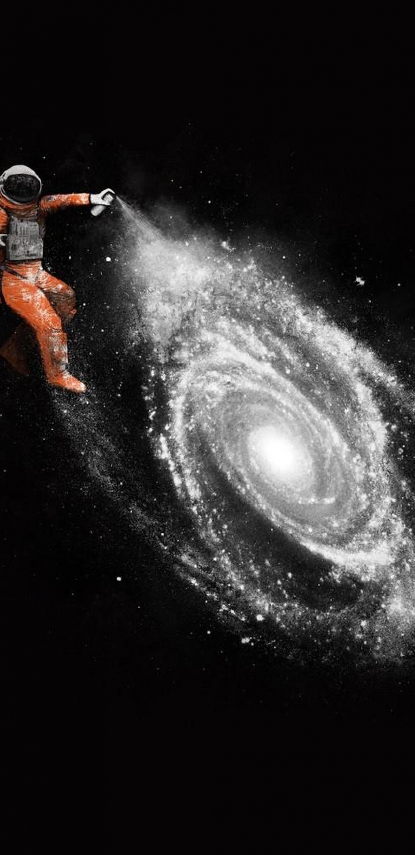 Man in Orange Jacket and Black Pants Standing on Black and White Galaxy. Wallpaper in 1440x2960 Resolution