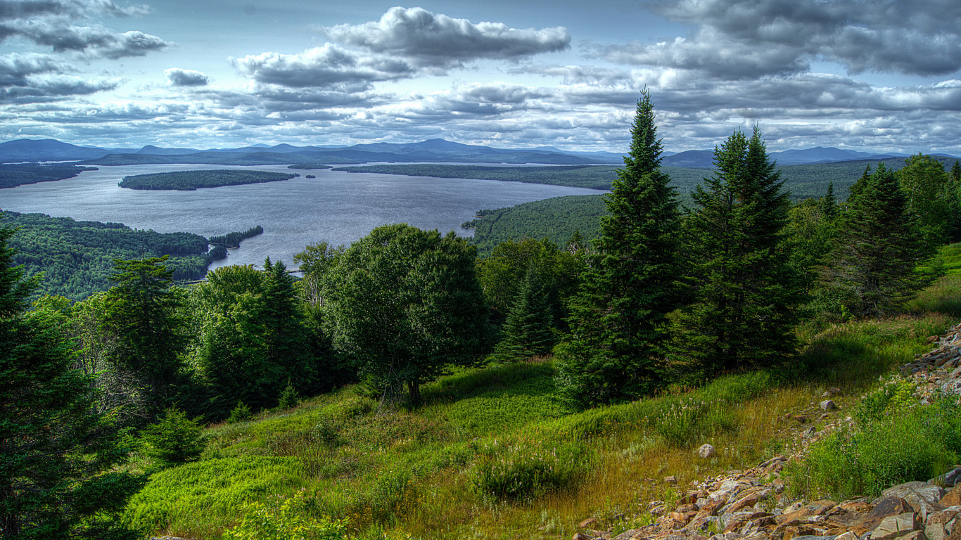 Green Trees Near Body of Water Under Cloudy Sky During Daytime. Wallpaper in 1366x768 Resolution