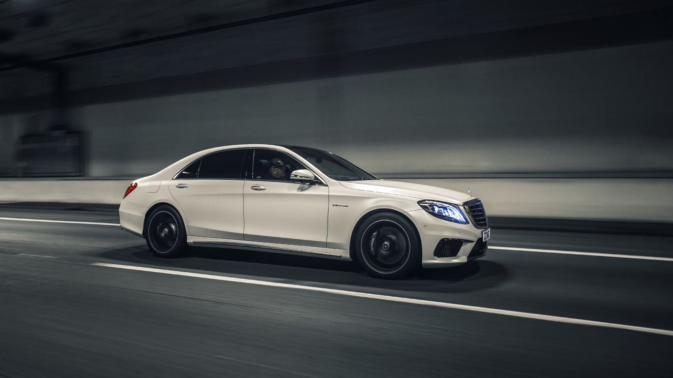 White Mercedes Benz Coupe on Road. Wallpaper in 1366x768 Resolution