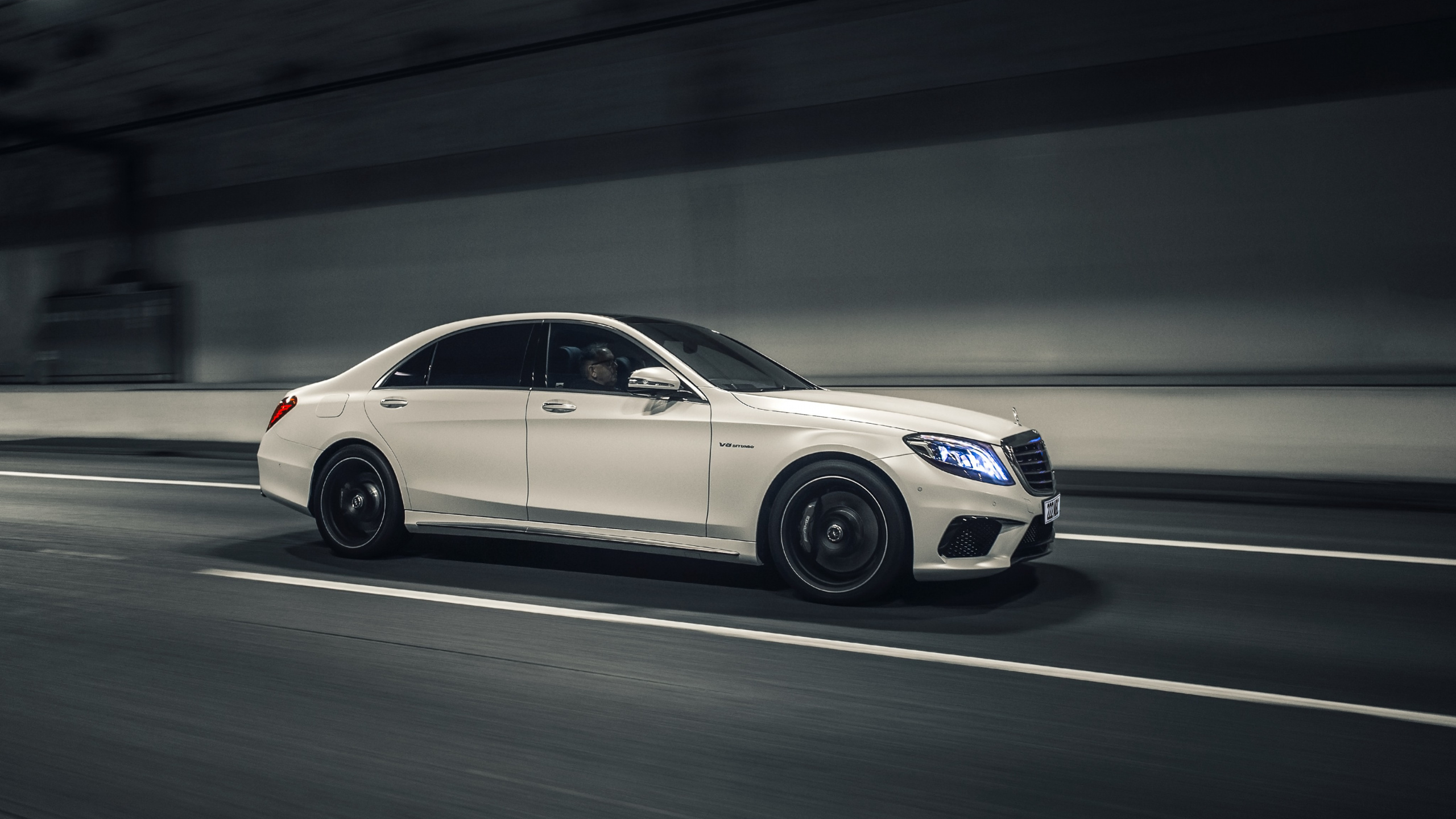 White Mercedes Benz Coupe on Road. Wallpaper in 2560x1440 Resolution