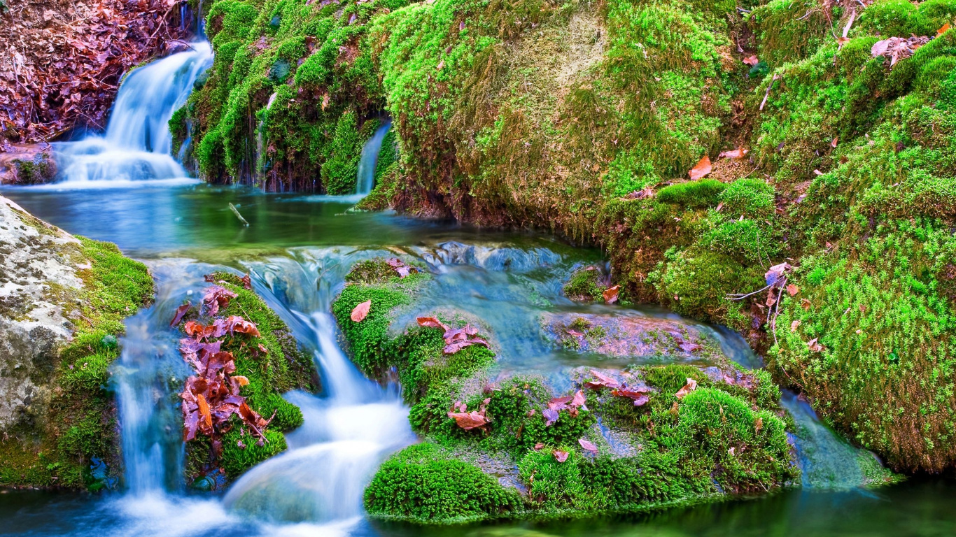 Wasser Fällt Inmitten Von Grünen, Moosbedeckten Felsen. Wallpaper in 1366x768 Resolution