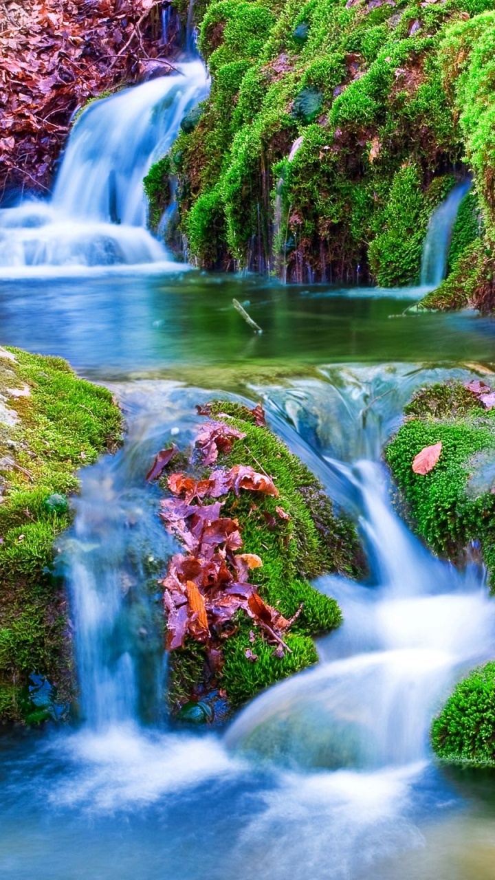 L'eau Tombe au Milieu Des Rochers Couverts de Mousse Verte. Wallpaper in 720x1280 Resolution