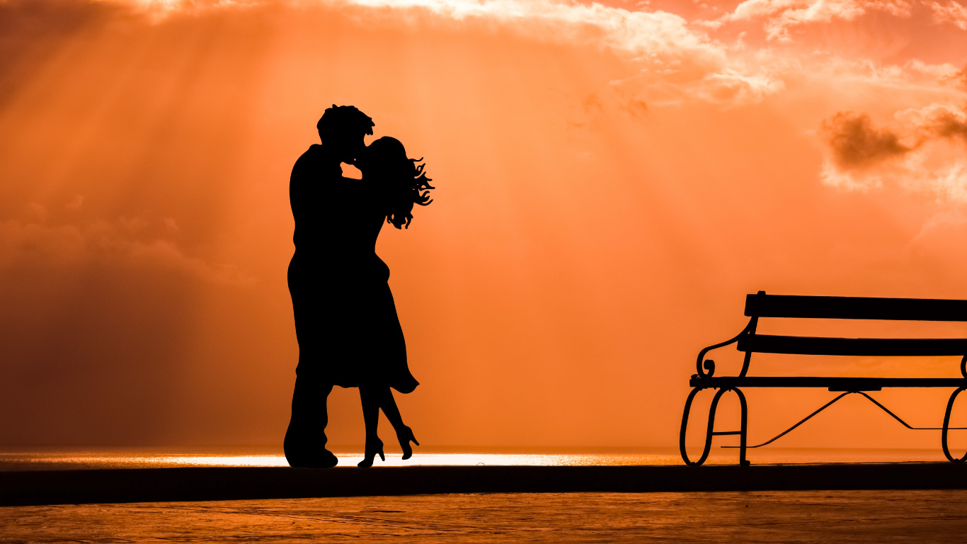 Romance, Kiss, Silhouette, People in Nature, Evening. Wallpaper in 1366x768 Resolution