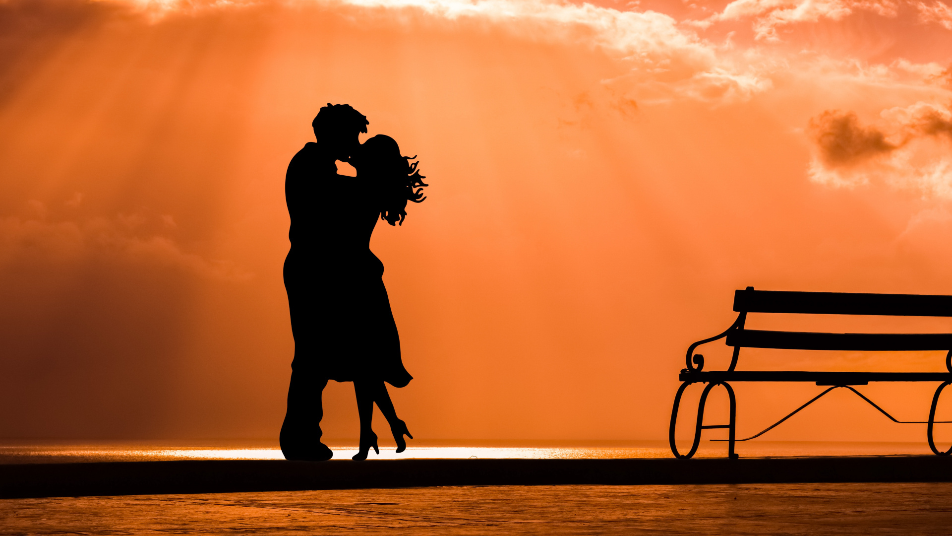 Romance, Kiss, Silhouette, People in Nature, Evening. Wallpaper in 1920x1080 Resolution