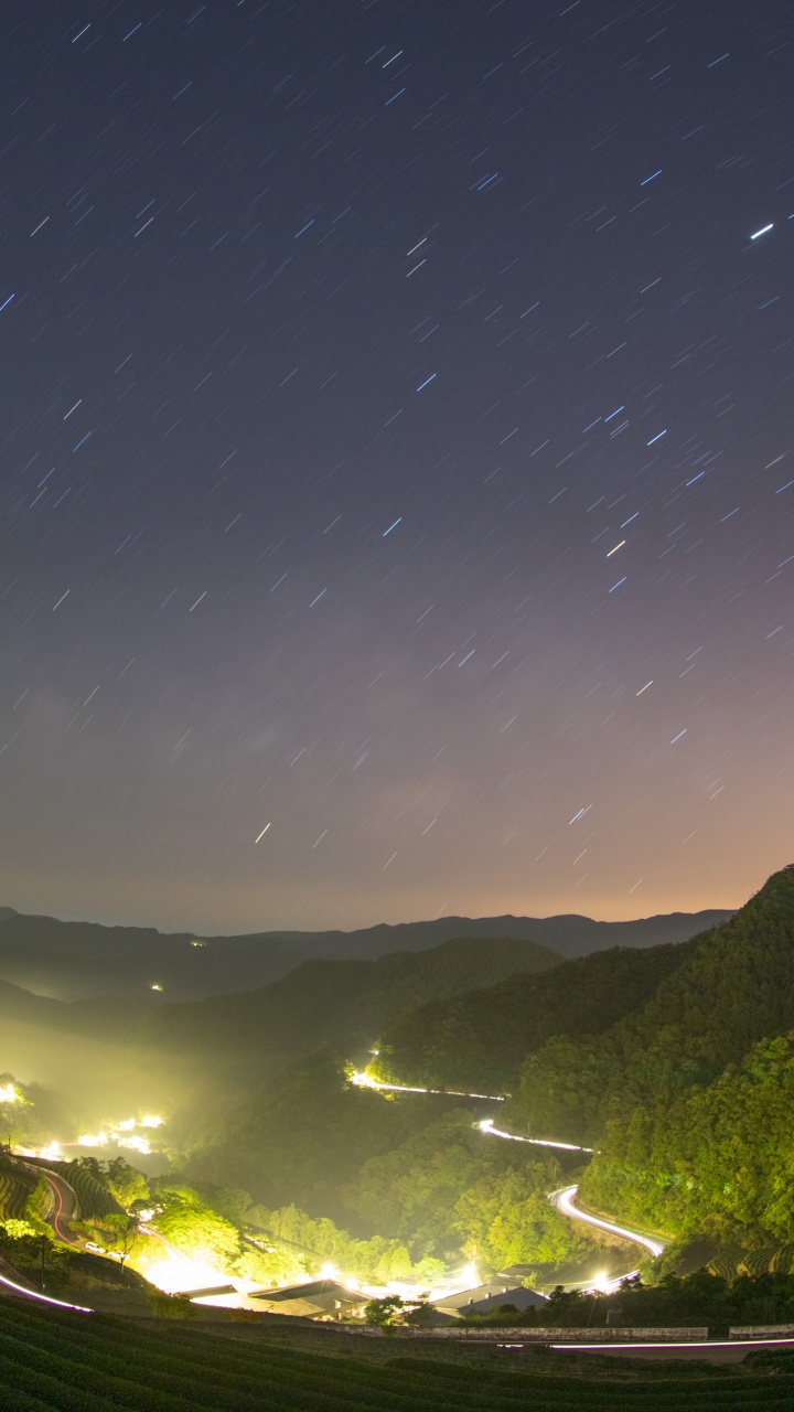 Árboles Verdes y Campo de Hierba Verde Bajo la Noche Estrellada. Wallpaper in 720x1280 Resolution