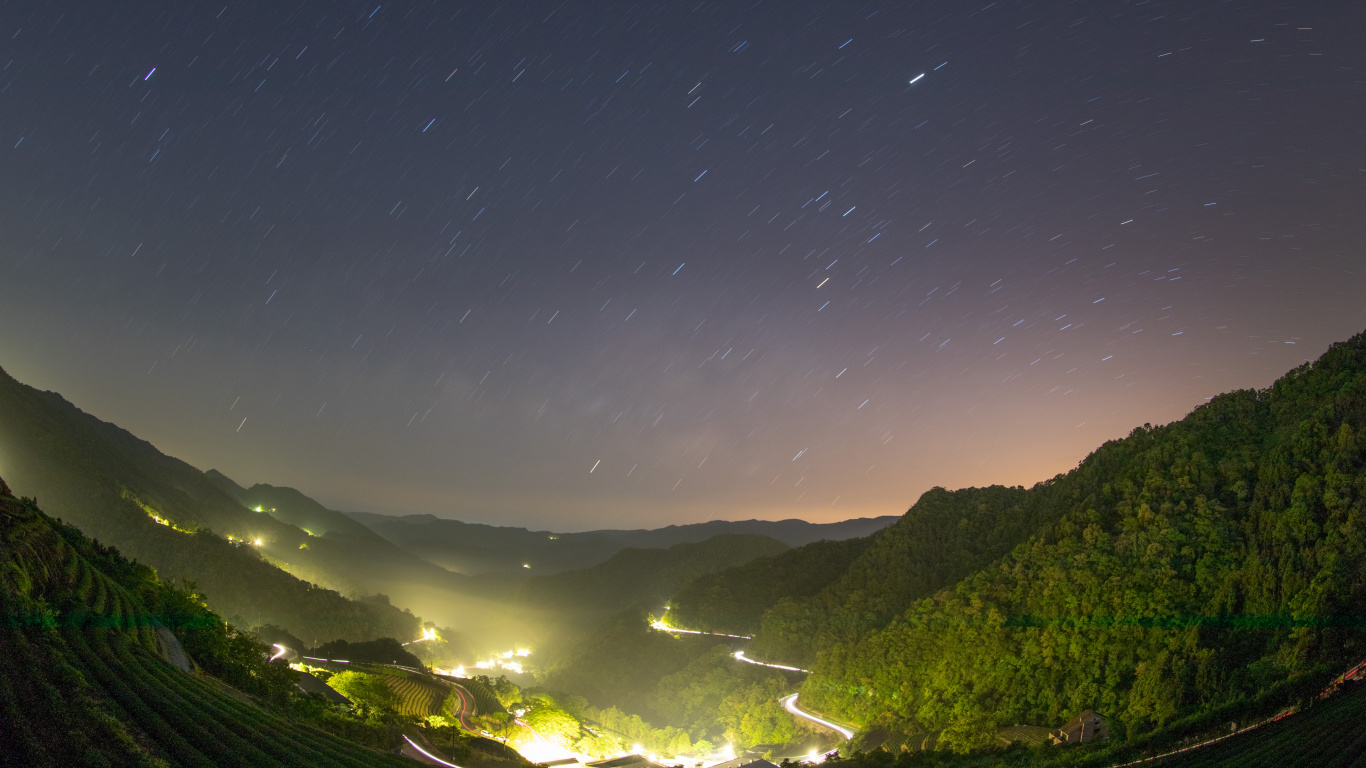 Green Trees and Green Grass Field Under Starry Night. Wallpaper in 1366x768 Resolution