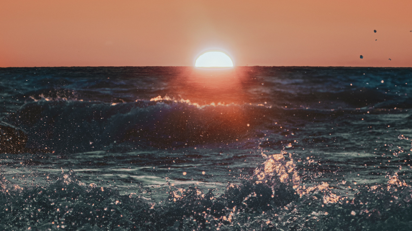 Horizon, Sea, Water, Ocean, Sunset. Wallpaper in 1366x768 Resolution