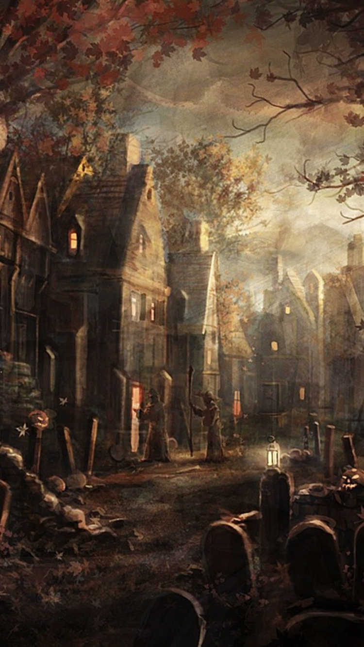 Menschen, Die Auf Der Straße Zwischen Gebäuden Gehen, Malerei. Wallpaper in 750x1334 Resolution