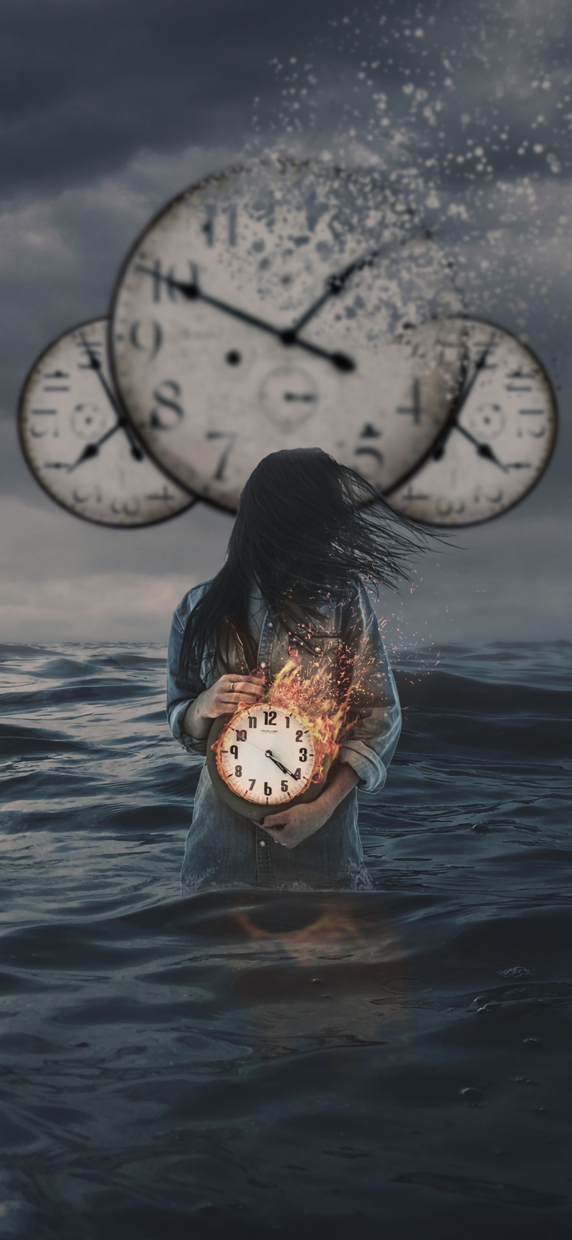 Fille en Robe Blanche et Marron Sur L'eau Avec Horloge Ronde Blanche. Wallpaper in 1125x2436 Resolution
