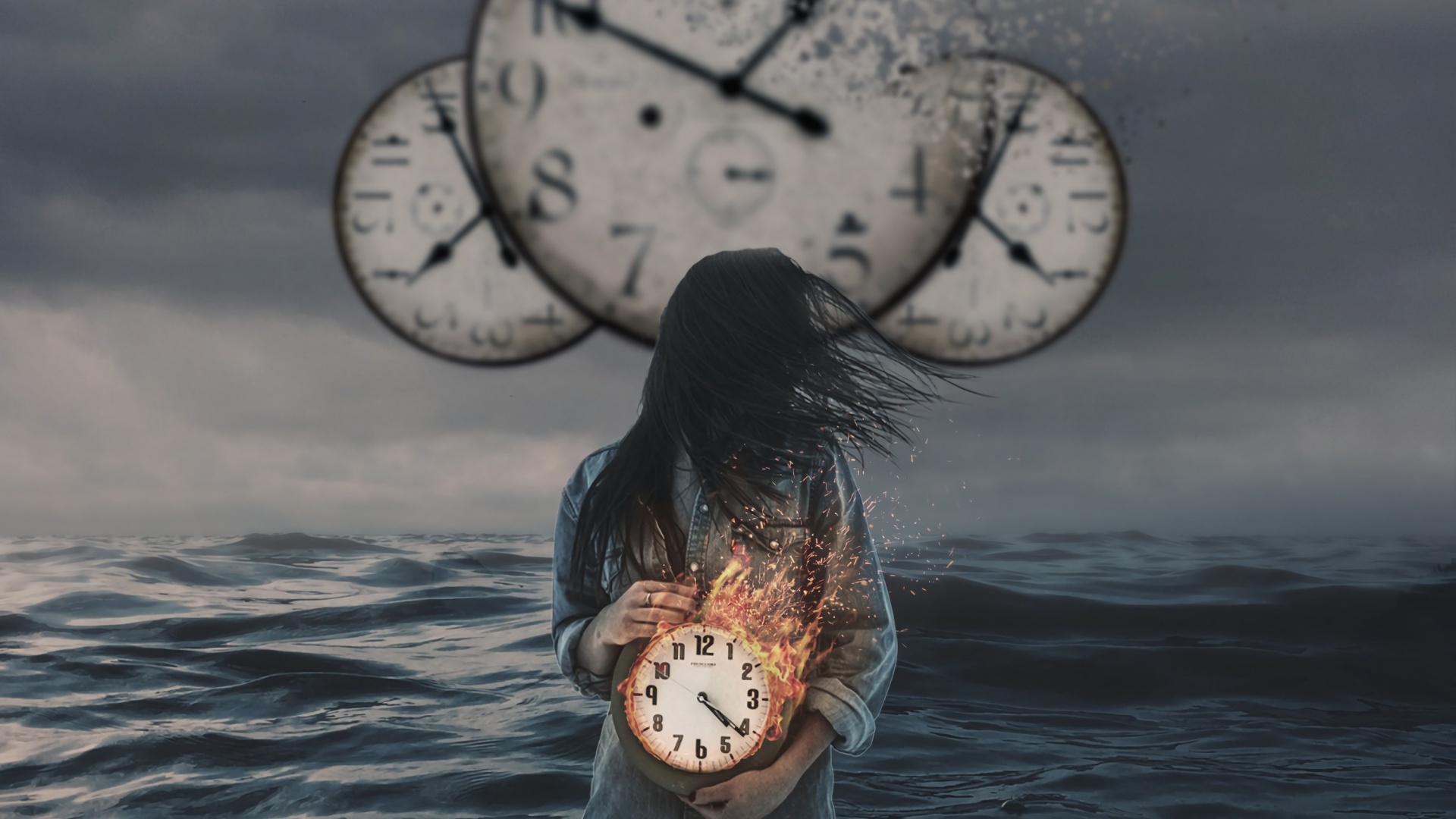 Fille en Robe Blanche et Marron Sur L'eau Avec Horloge Ronde Blanche. Wallpaper in 1920x1080 Resolution