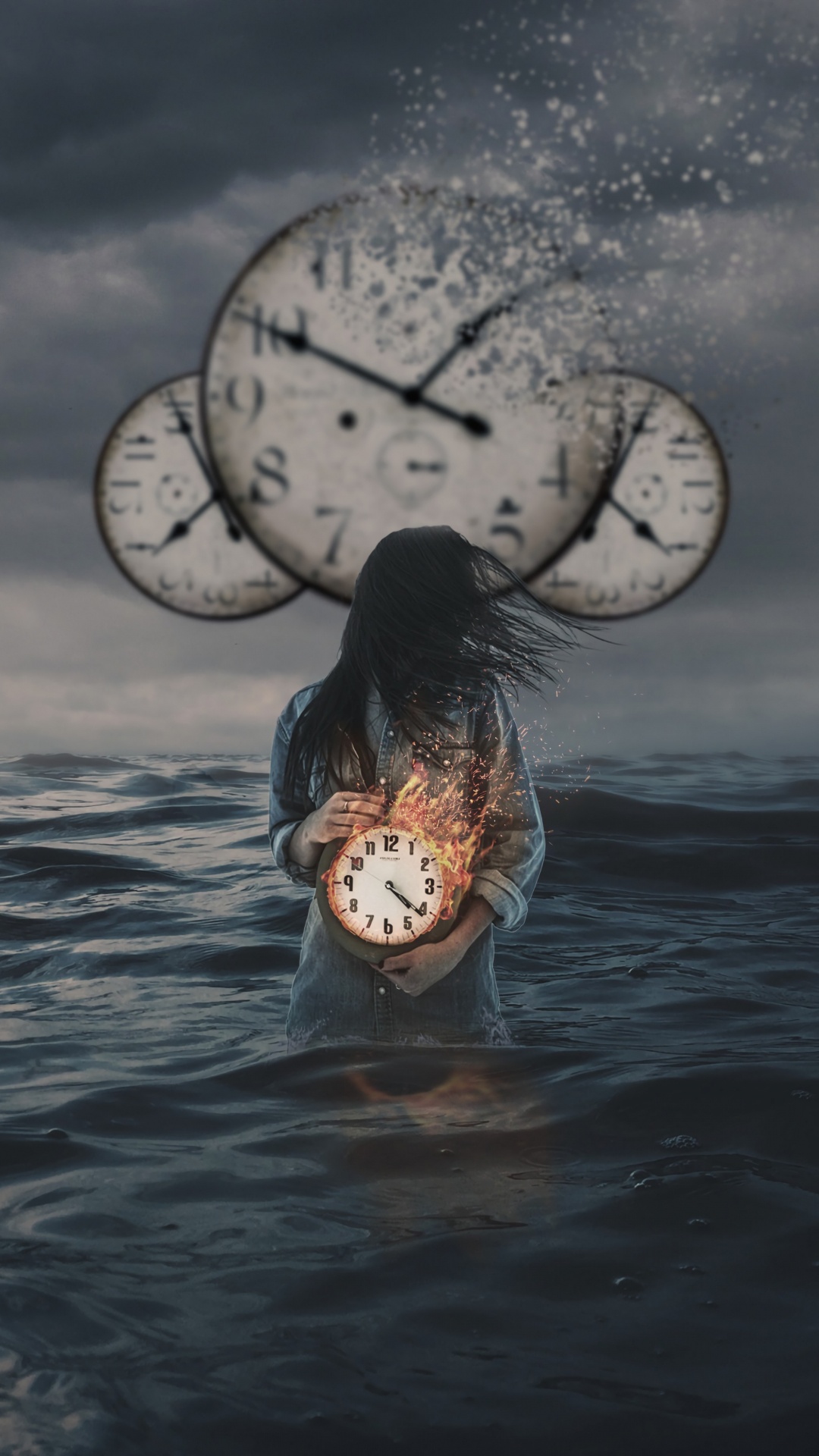 Girl in White and Brown Dress on Water With White Round Clock. Wallpaper in 1080x1920 Resolution