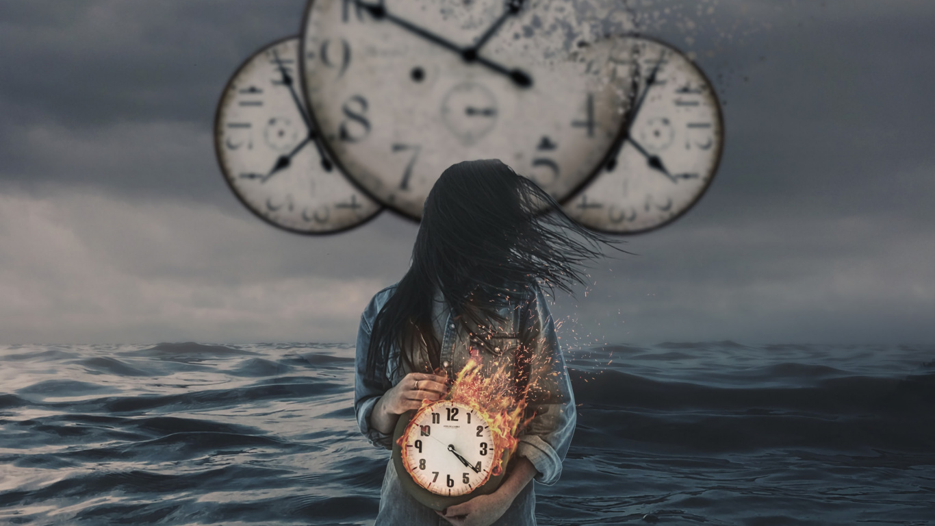 Girl in White and Brown Dress on Water With White Round Clock. Wallpaper in 1366x768 Resolution