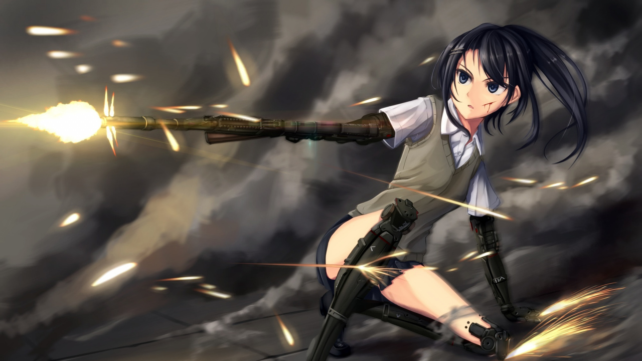 Frau im Grauen Langarmhemd Mit Schwarzem Gewehr-Anime-Charakter. Wallpaper in 1280x720 Resolution
