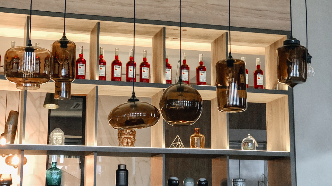 Interior Design, Furniture, Table, Bottle, Shelving. Wallpaper in 1366x768 Resolution