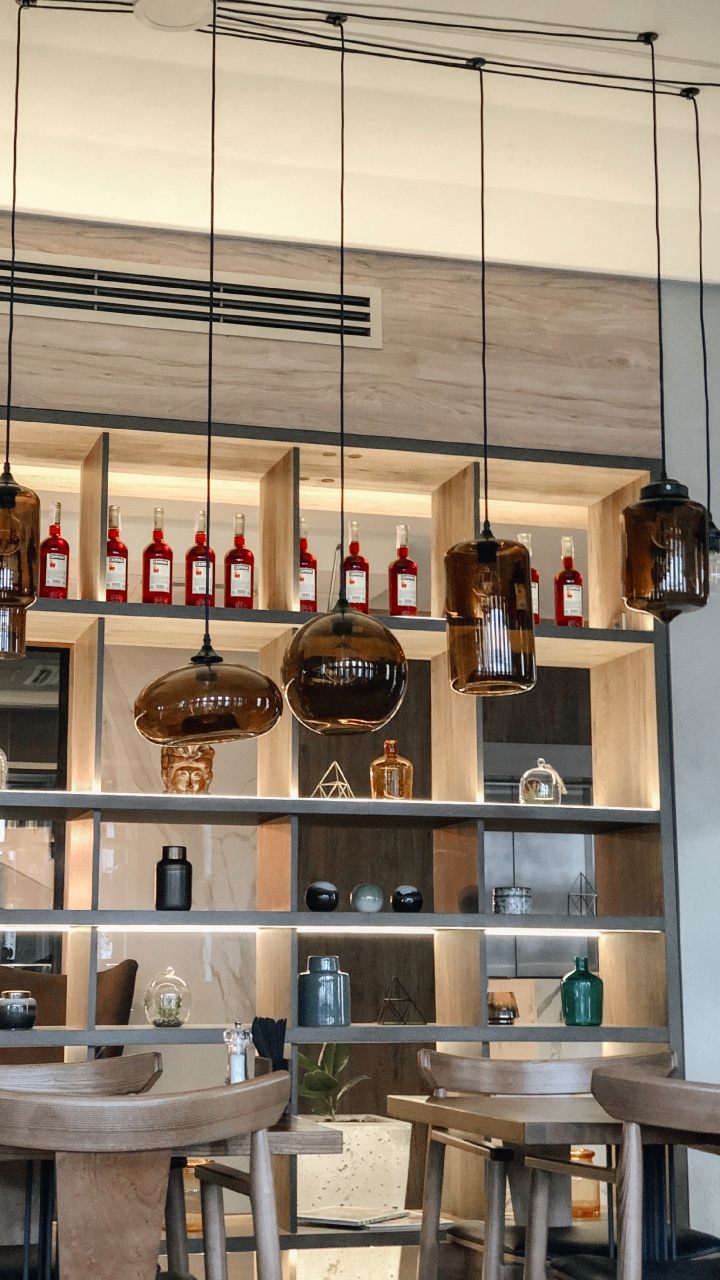 Interior Design, Furniture, Table, Bottle, Shelving. Wallpaper in 720x1280 Resolution