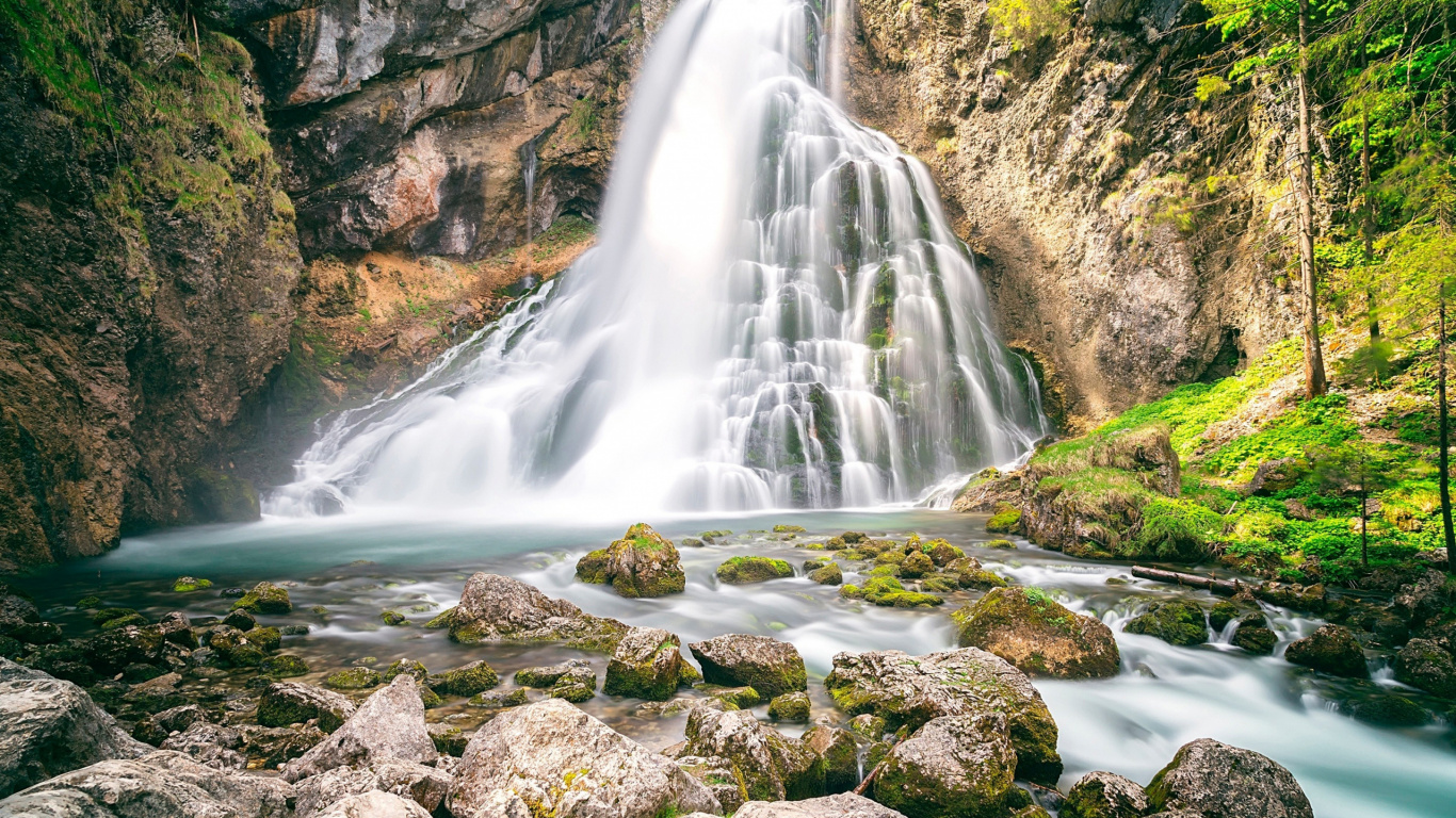 Brown Rocks on Water Falls. Wallpaper in 1366x768 Resolution