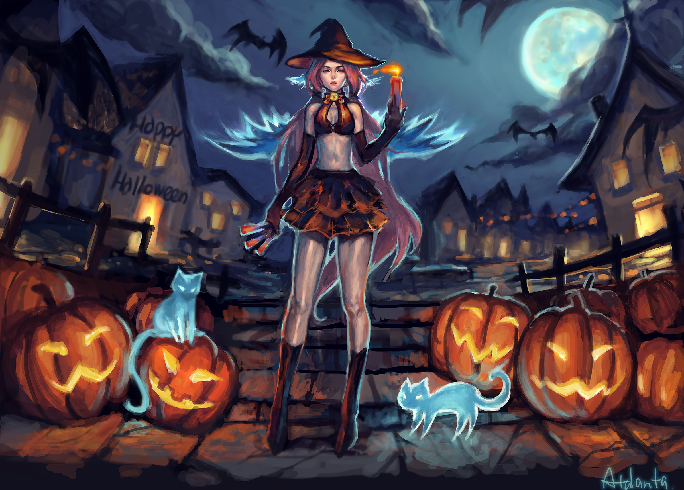Premium Vector | Anime cute witch with blue hair sitting on jack o lantern.