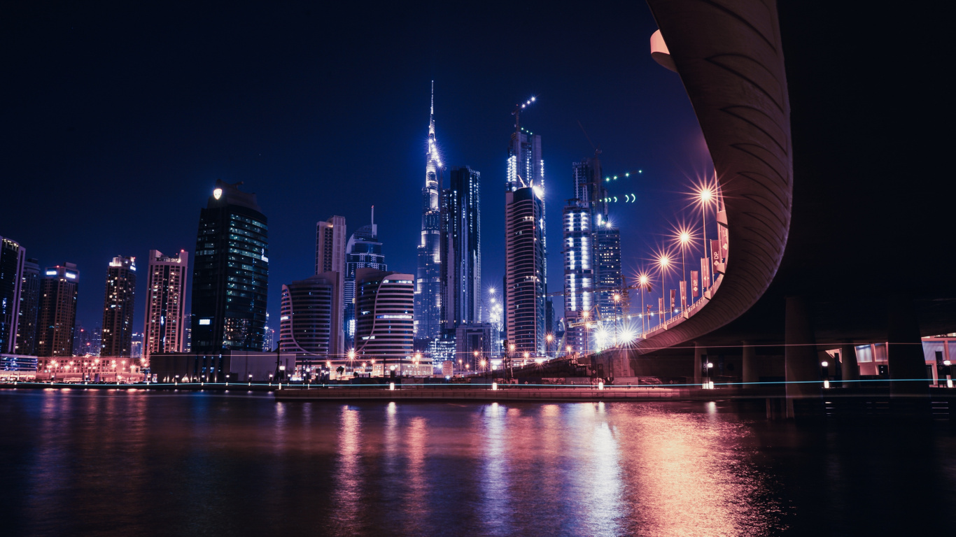 Skyline Der Stadt Bei Nacht Night. Wallpaper in 1366x768 Resolution