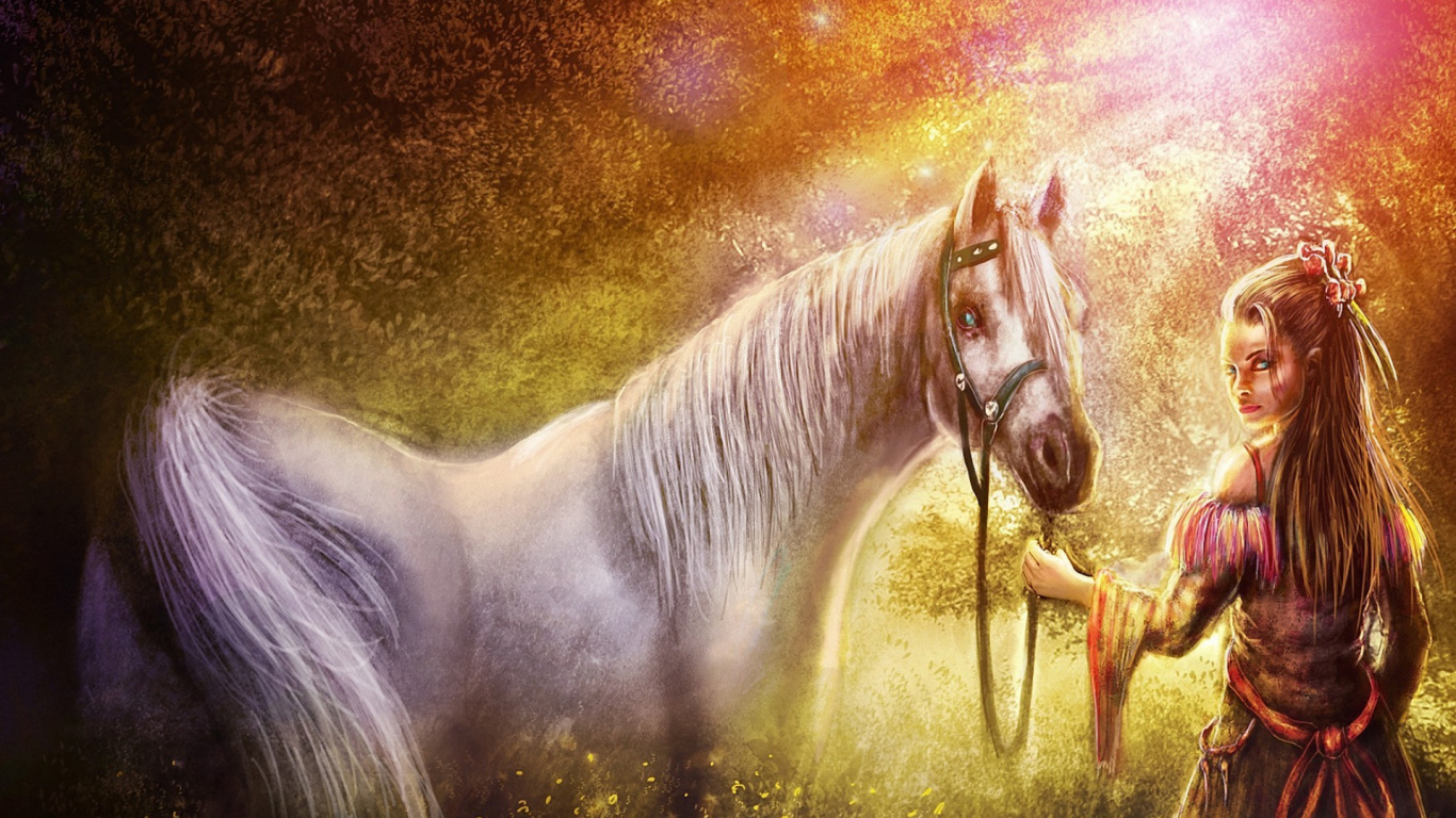 Cheval Blanc Avec Fond Marron et Vert. Wallpaper in 1366x768 Resolution