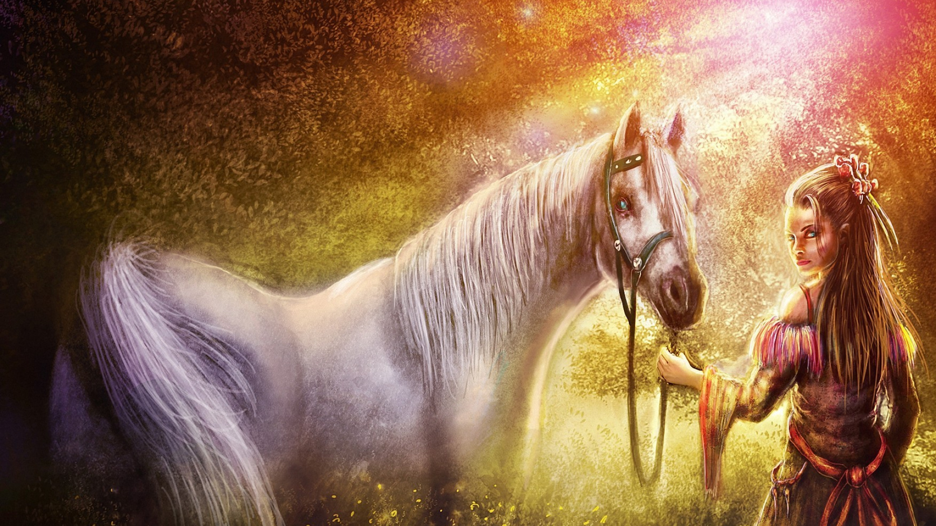 Caballo Blanco Con Fondo Marrón y Verde. Wallpaper in 1920x1080 Resolution