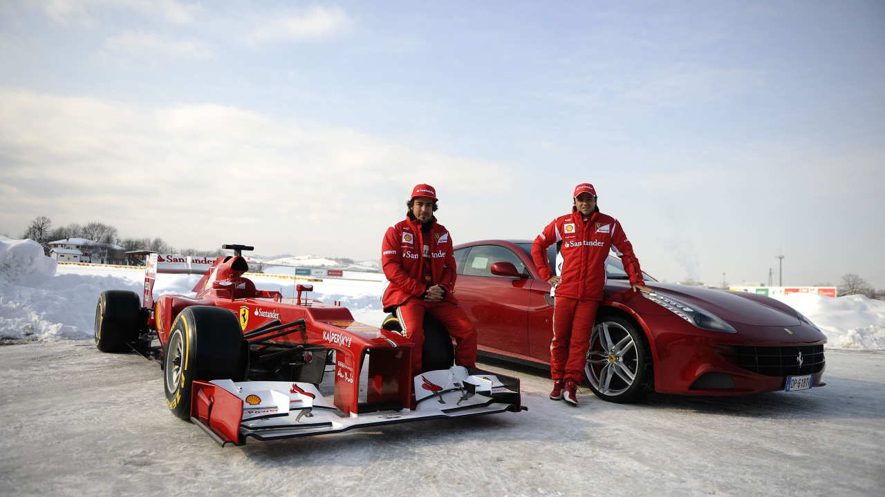 3 Men in Red Shirts Sitting on Red Convertible Car. Wallpaper in 1280x720 Resolution