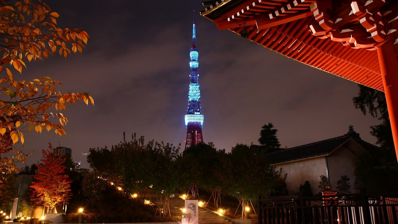Lighted Tower Near Trees During Night Time. Wallpaper in 1366x768 Resolution