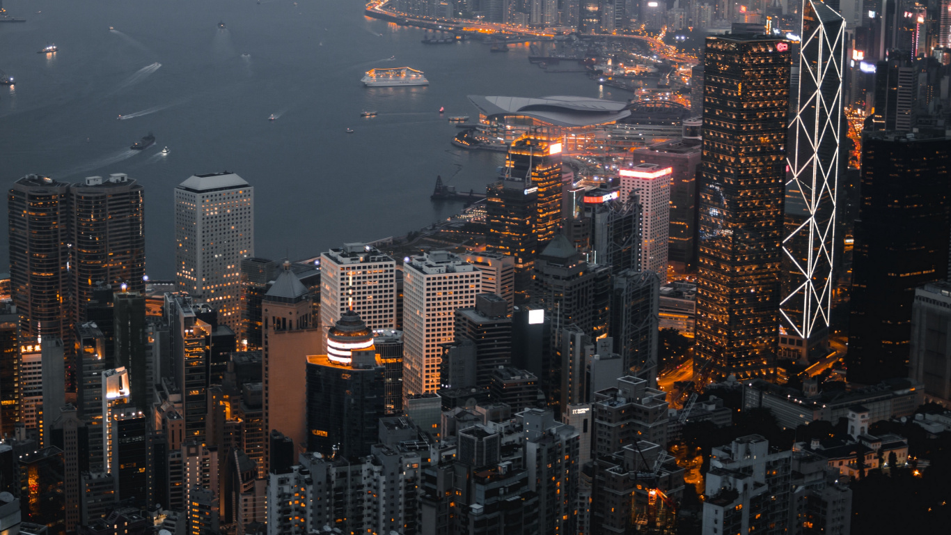 Aerial View of City Buildings During Night Time. Wallpaper in 1366x768 Resolution