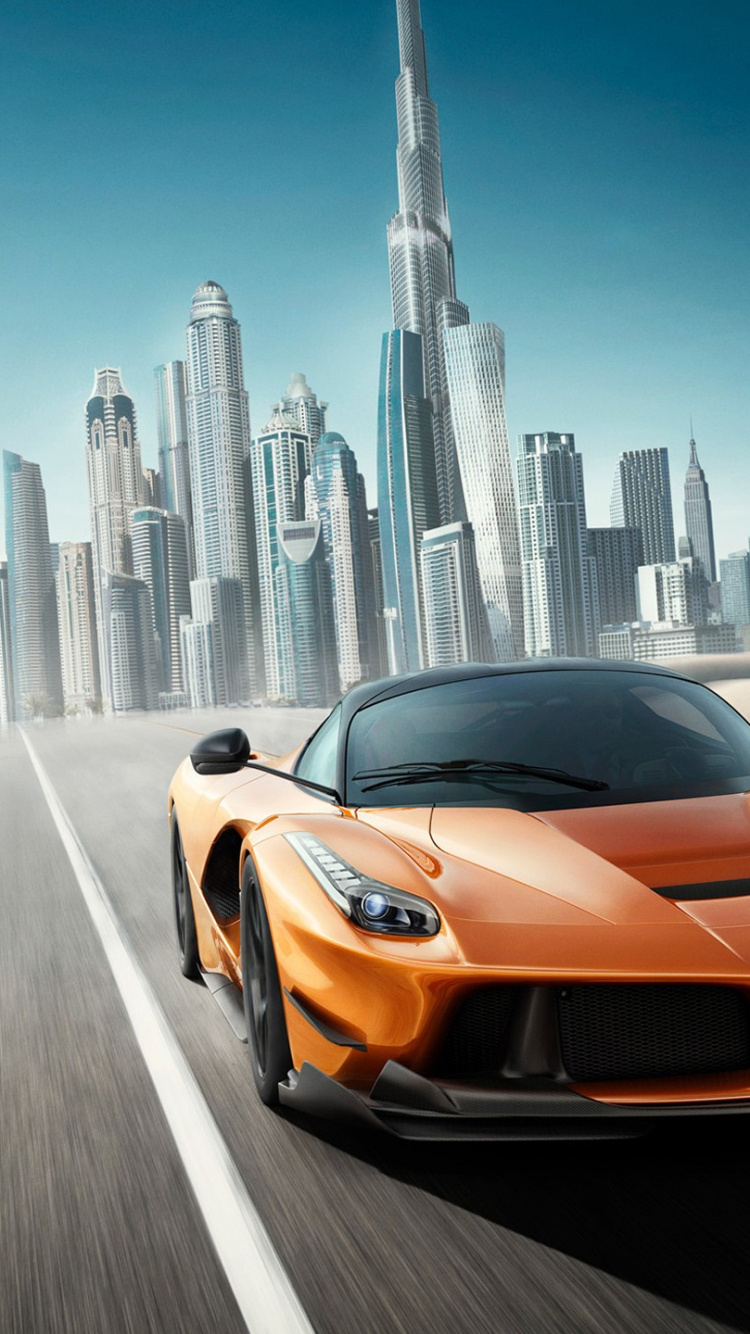Orangefarbener Lamborghini Aventador Tagsüber Unterwegs. Wallpaper in 750x1334 Resolution