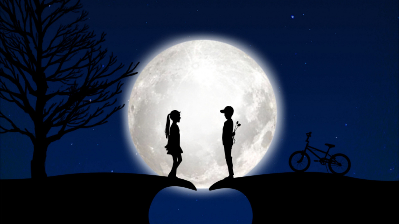 Moon, Romance, Bicycle, Atmosphere, Wheel. Wallpaper in 1366x768 Resolution