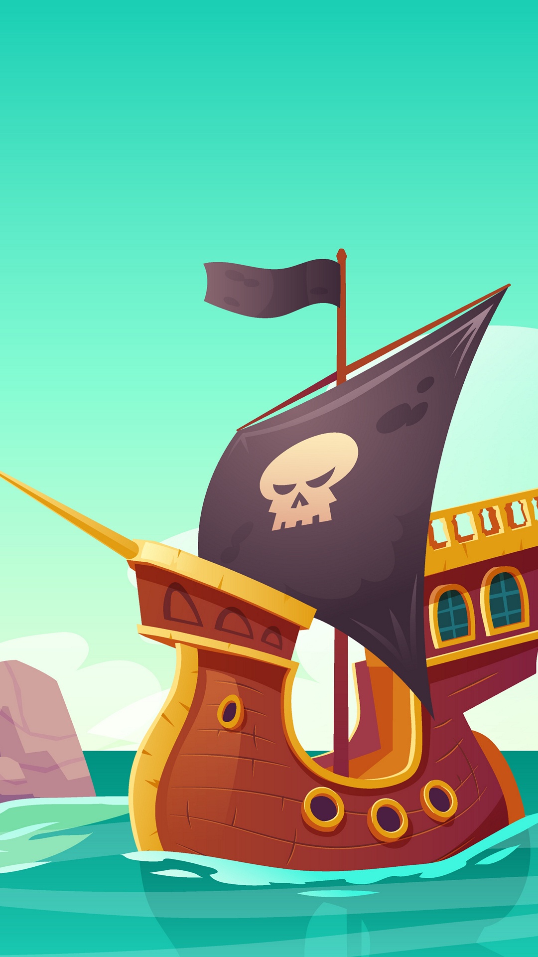 Barco Pirata en la Isla de Dibujos Animados, Piratería, Gráficos Vectoriales, Ilustración, Isla. Wallpaper in 1080x1920 Resolution