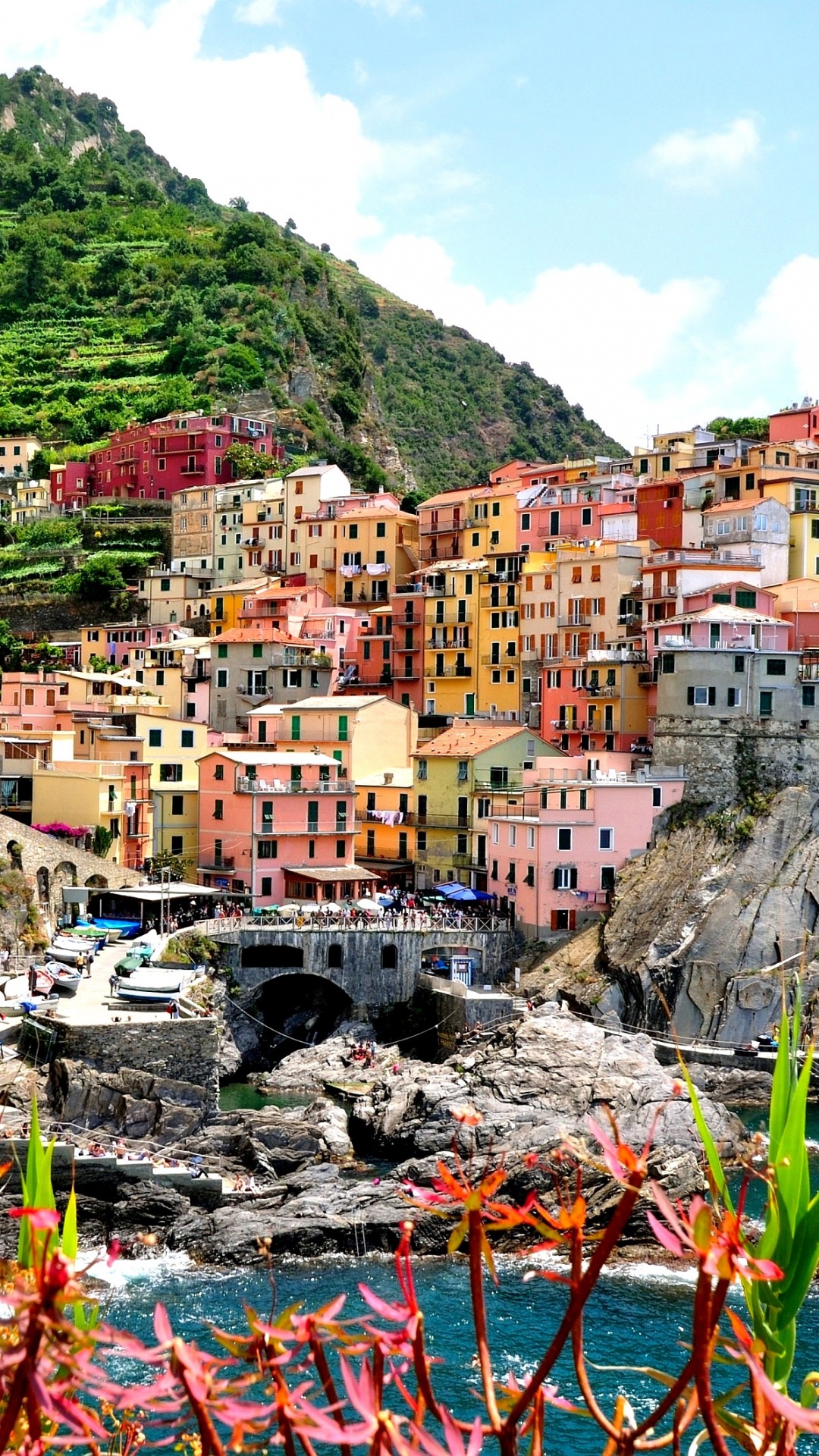 Casas Cerca de la Montaña Verde y el Cuerpo de Agua Durante el Día.. Wallpaper in 1080x1920 Resolution