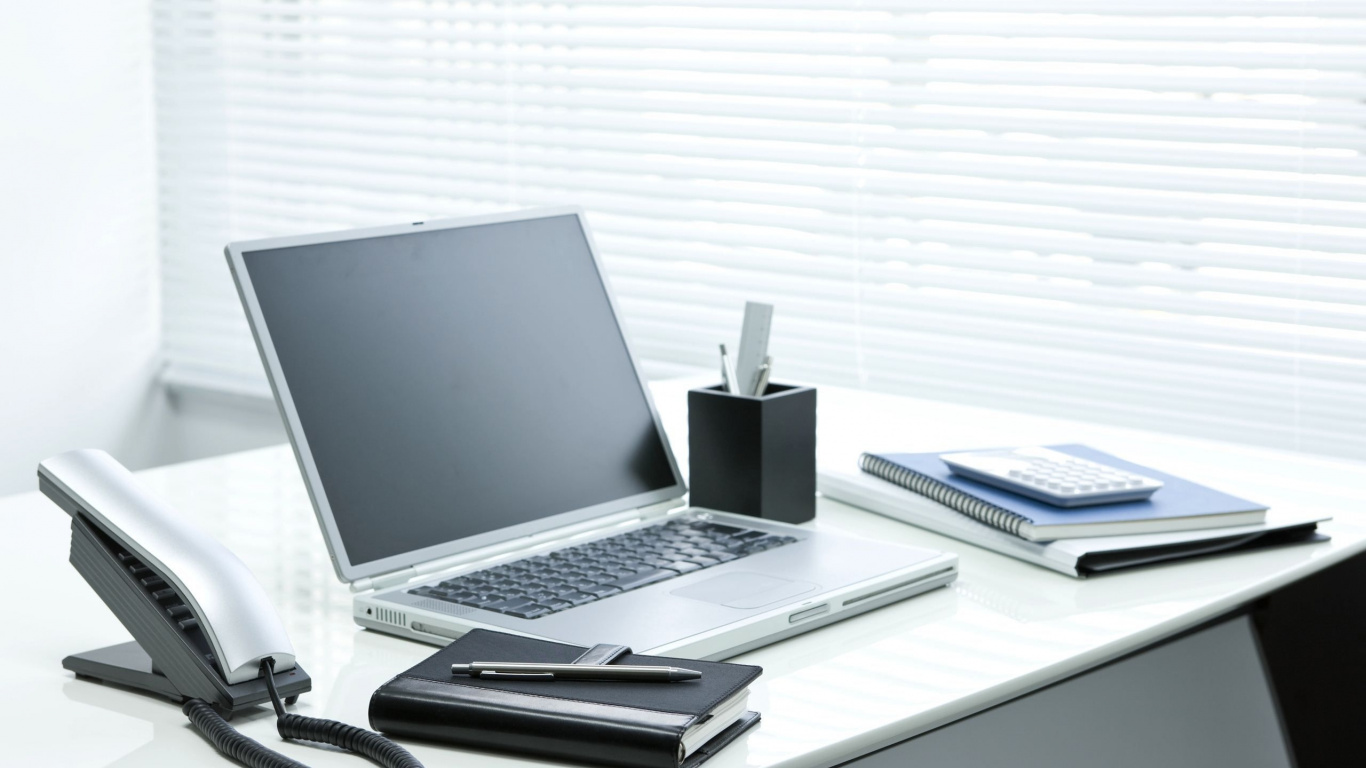 Silver and Black Laptop Computer on White Table. Wallpaper in 1366x768 Resolution