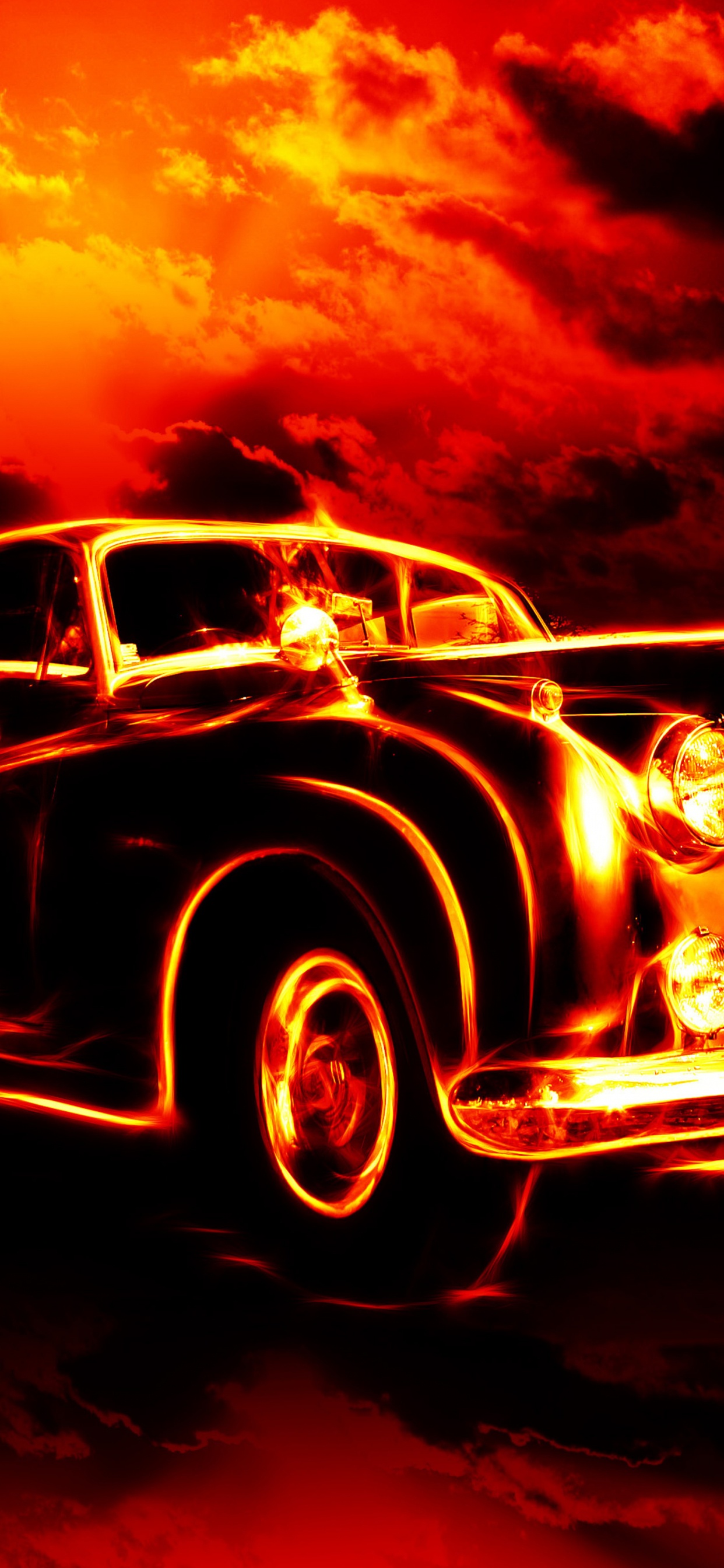 Oldtimer am Schwarz-orangefarbenen Himmel. Wallpaper in 1242x2688 Resolution