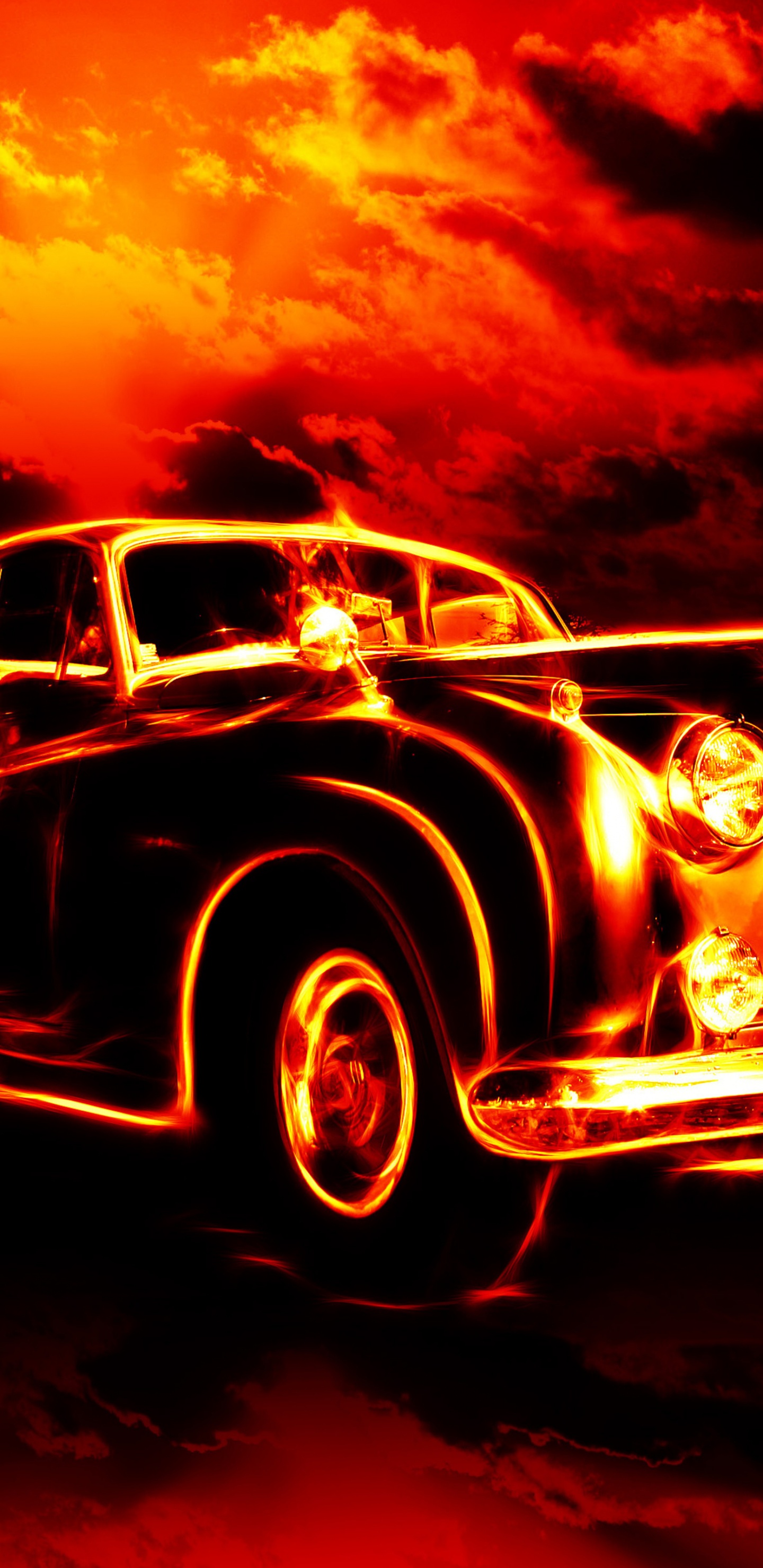 Oldtimer am Schwarz-orangefarbenen Himmel. Wallpaper in 1440x2960 Resolution