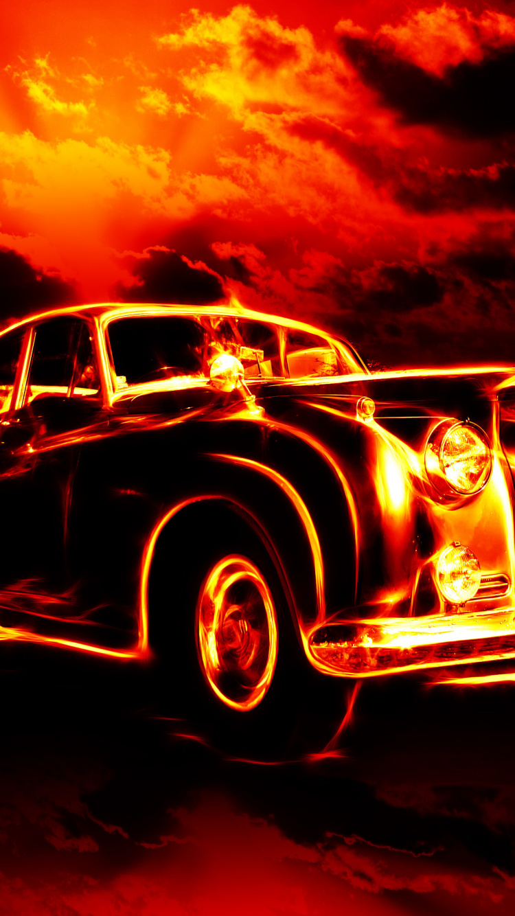 Vintage Car on Black and Orange Sky. Wallpaper in 750x1334 Resolution