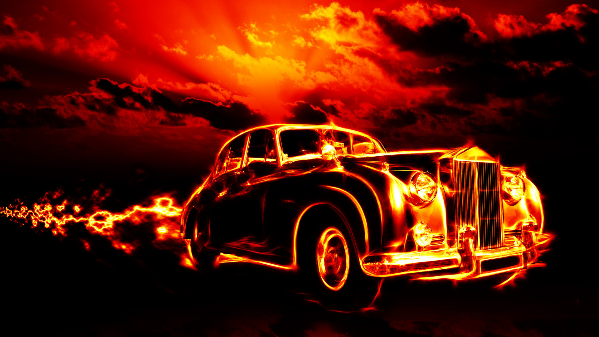 Voiture D'époque Sur le Ciel Noir et Orange. Wallpaper in 1920x1080 Resolution