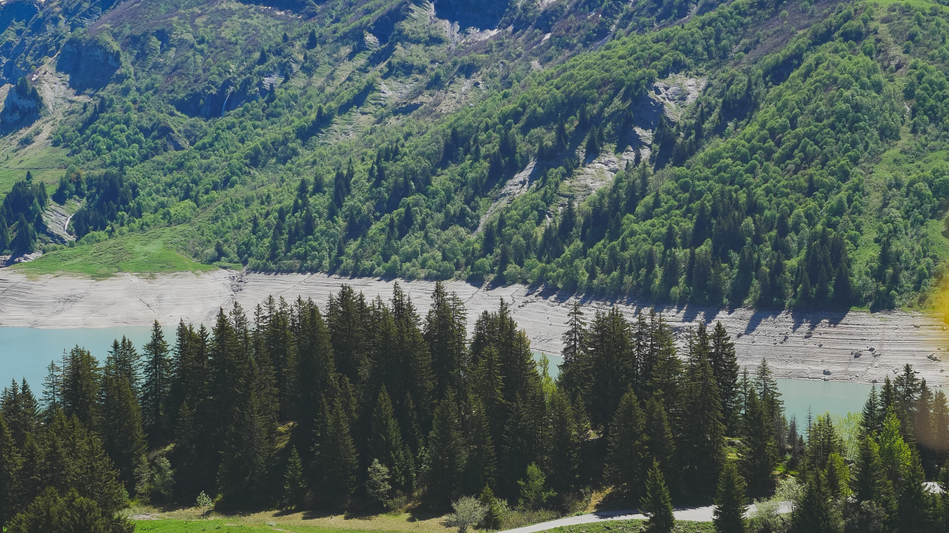Green Trees Near Lake and Mountains During Daytime. Wallpaper in 1366x768 Resolution