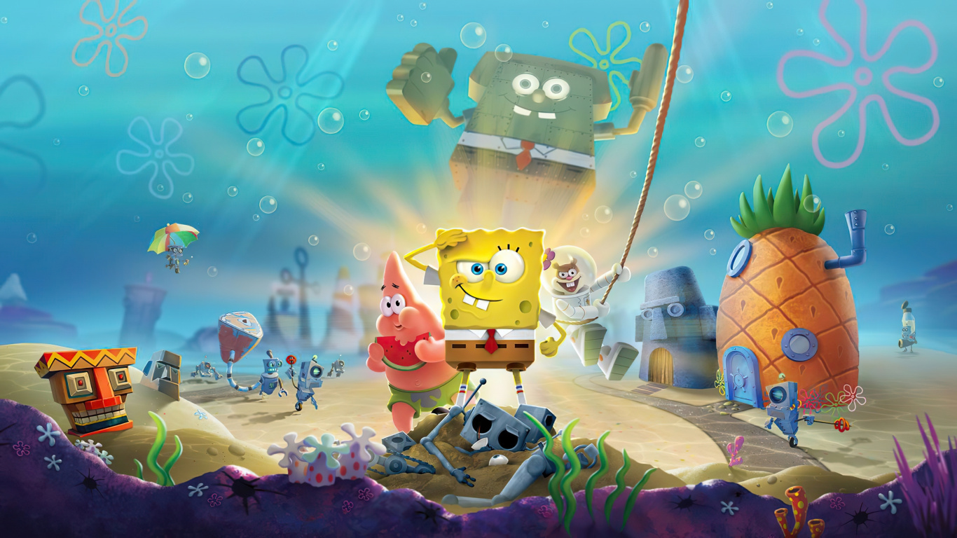 SpongeBob SquarePants, Plankton, Patrick Star, Squidward Tentacles, Bikini Bottom. Wallpaper in 1366x768 Resolution