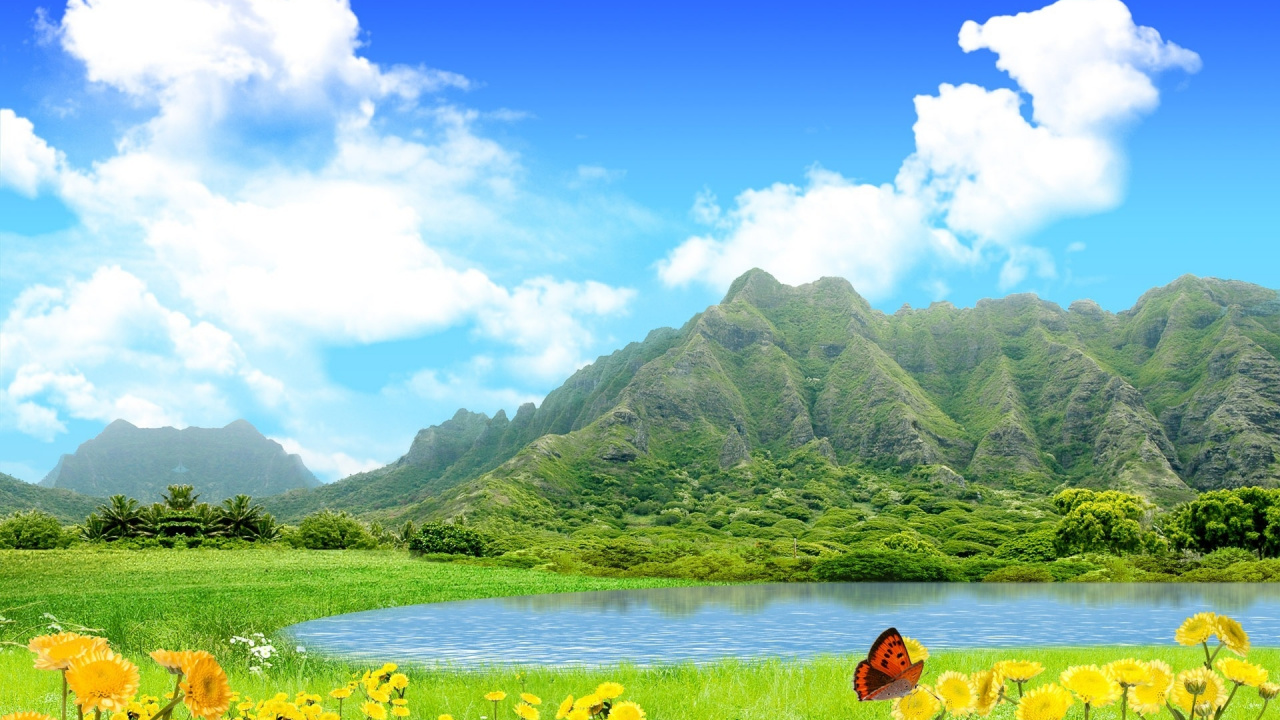 Woman in Red Bikini Sitting on Yellow Flower Field Near Green Mountains During Daytime. Wallpaper in 1280x720 Resolution