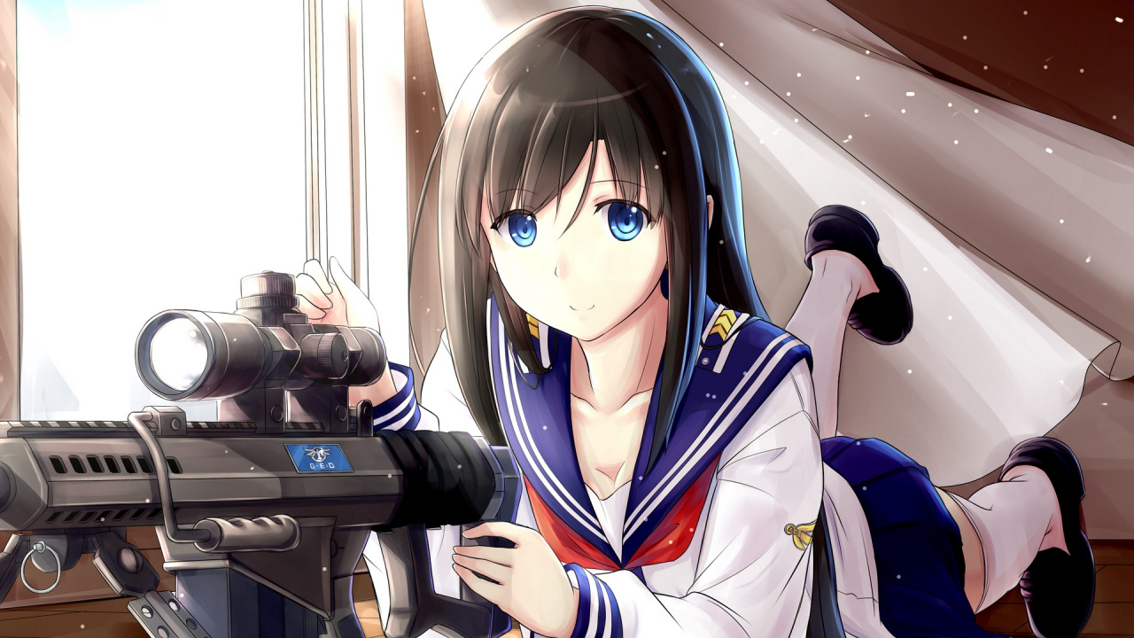 Mujer en Uniforme Escolar Azul y Blanco Sosteniendo Rifle Negro. Wallpaper in 1280x720 Resolution