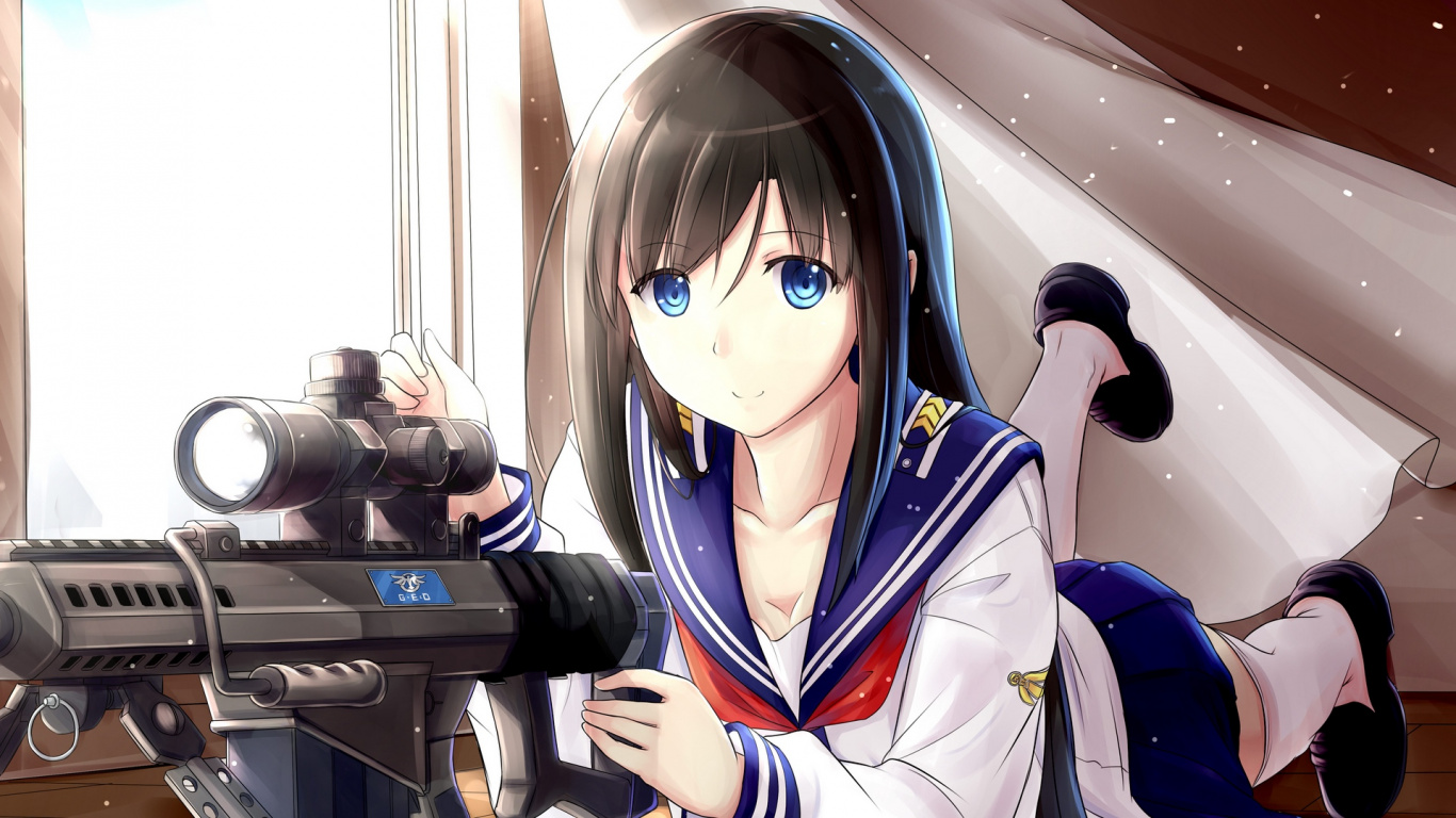 Frau in Blau-weißer Schuluniform Mit Schwarzem Gewehr. Wallpaper in 1366x768 Resolution